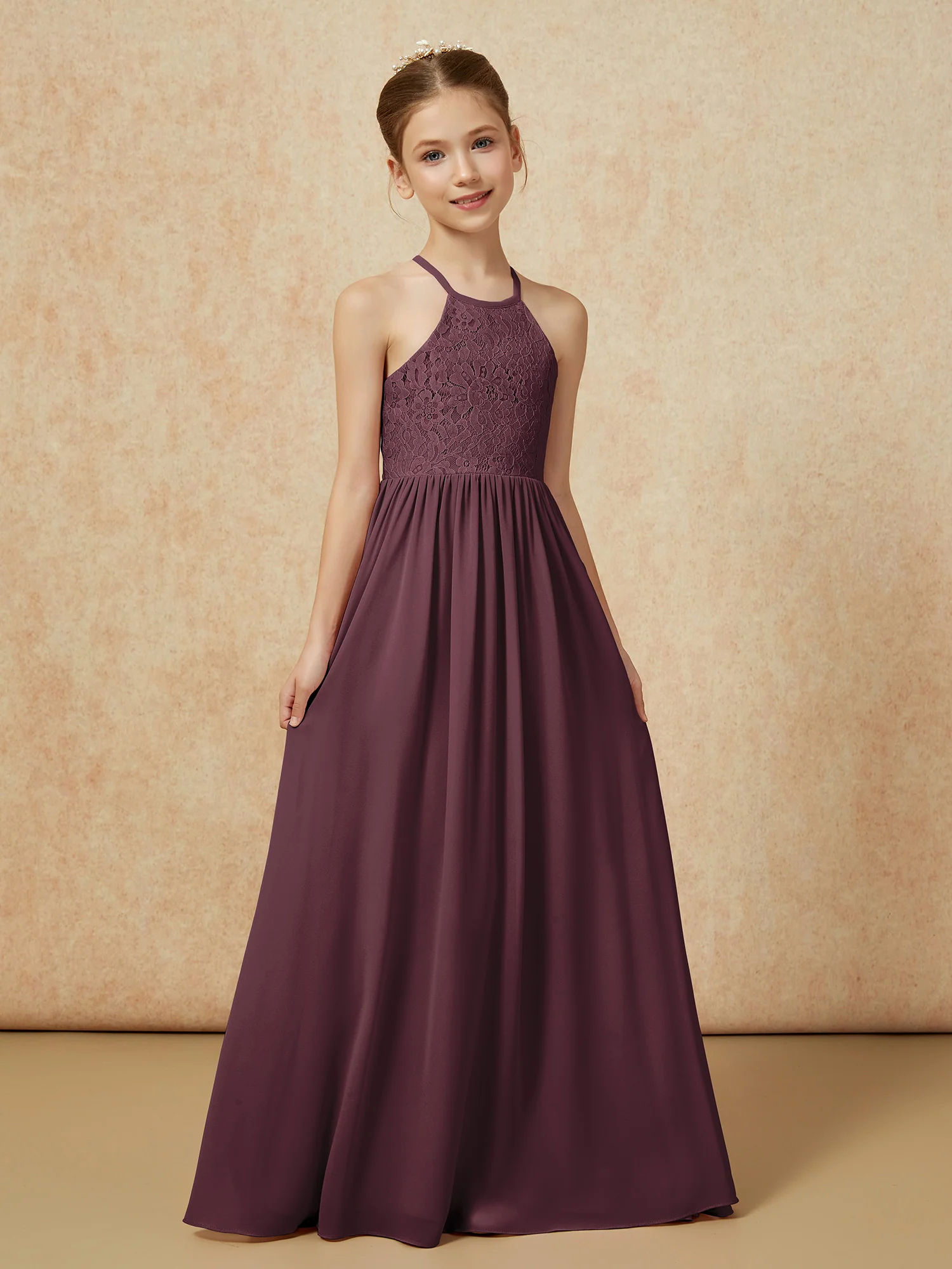 Pleated Lace Chiffion Long Junior Bridesmaid Dress Cabernet - Image 5