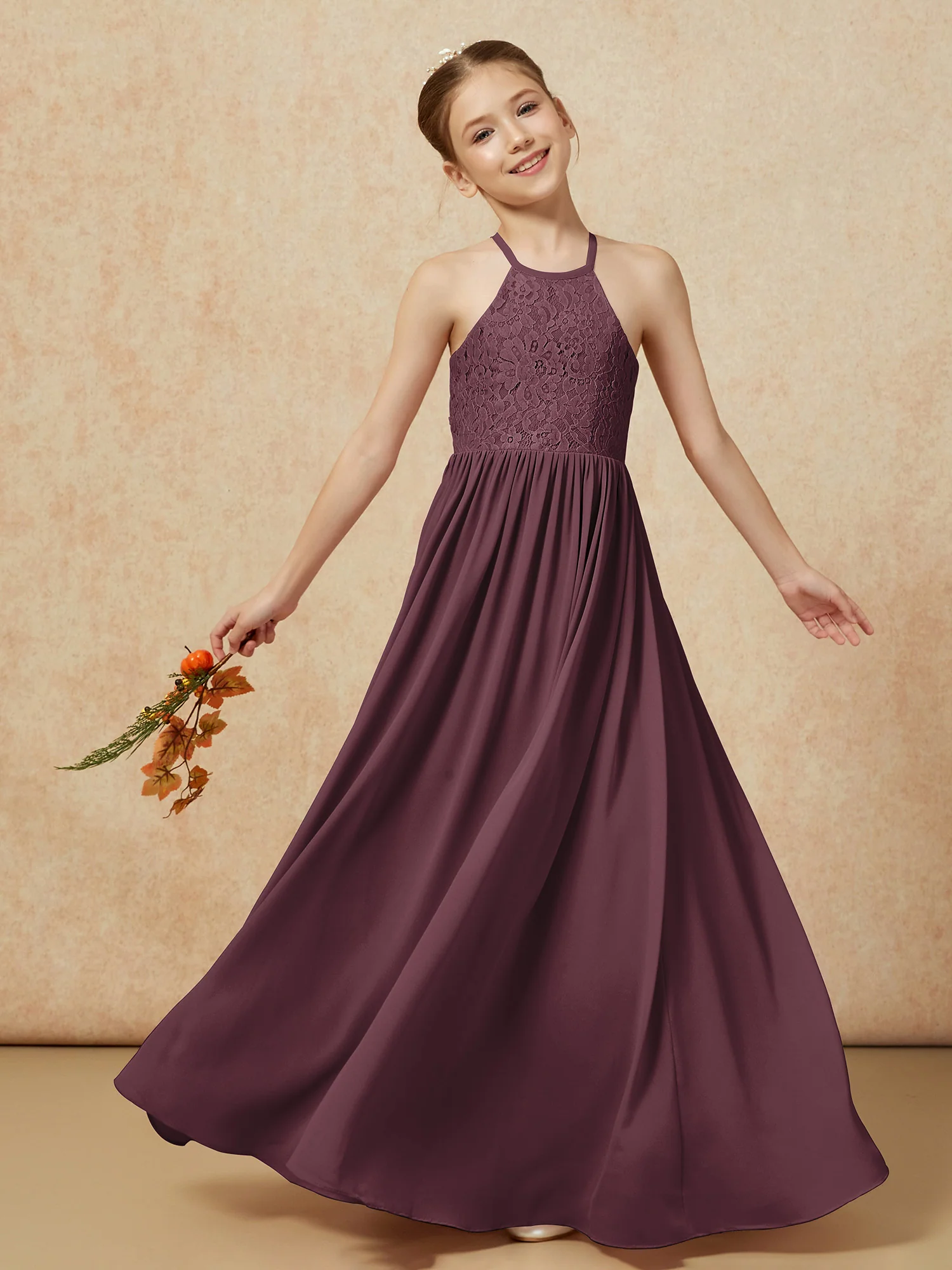 Pleated Lace Chiffion Long Junior Bridesmaid Dress Cabernet - Image 7