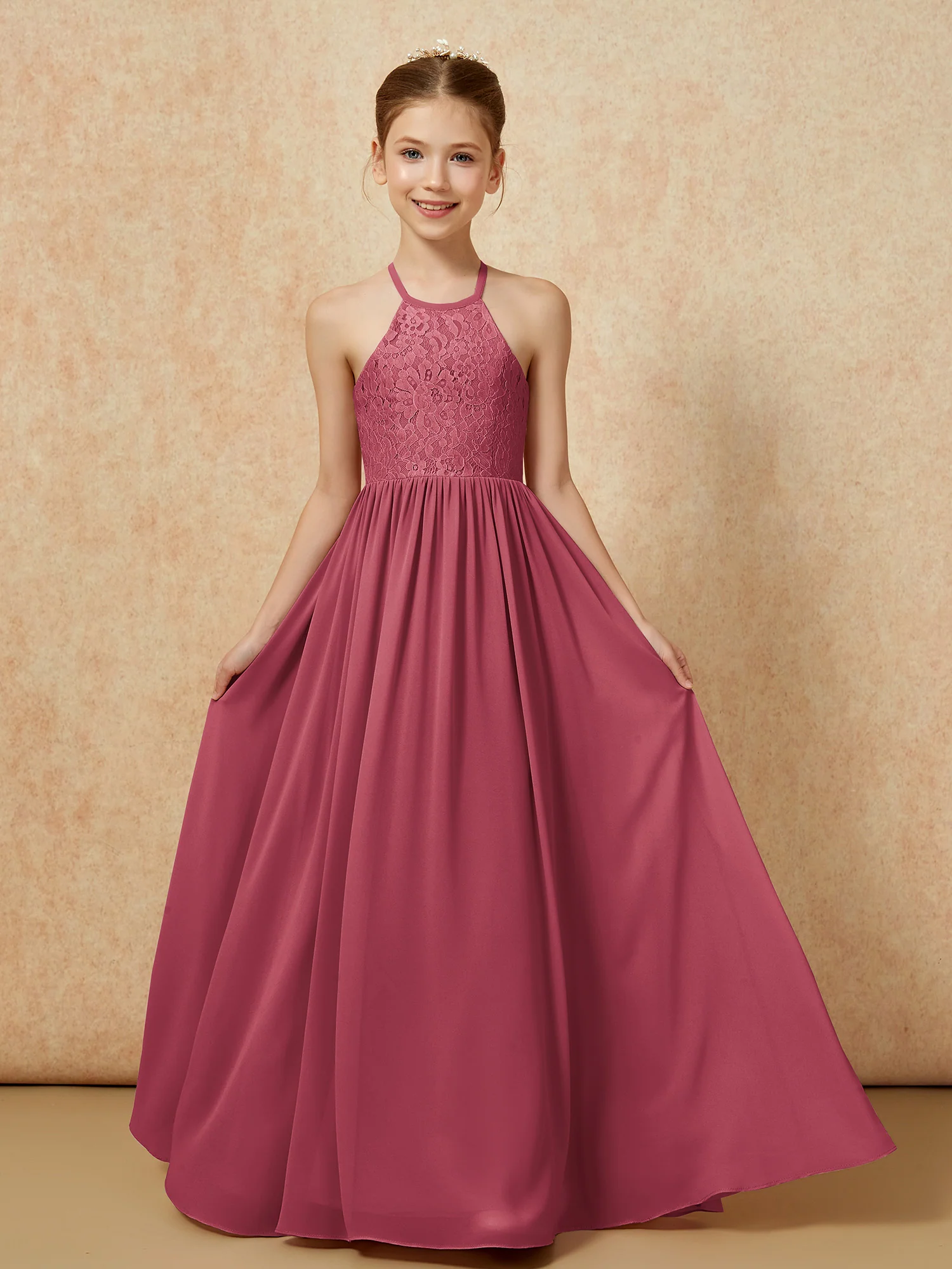Pleated Lace Chiffion Long Junior Bridesmaid Dress Cinnamon Rose