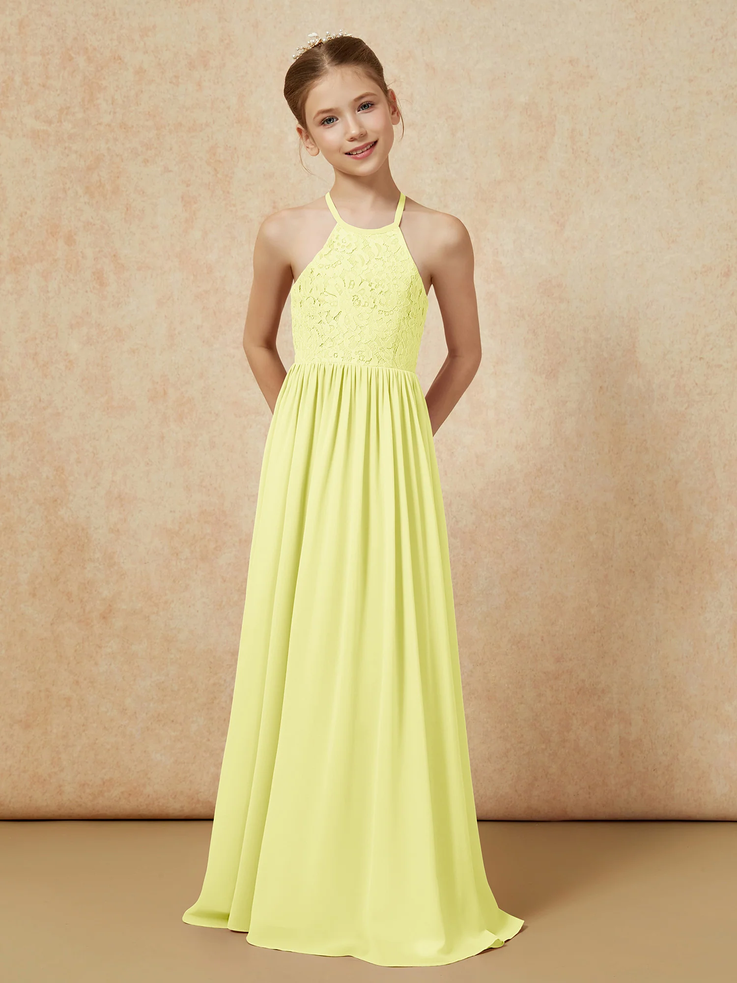 Pleated Lace Chiffion Long Junior Bridesmaid Dress Daffodil - Image 4