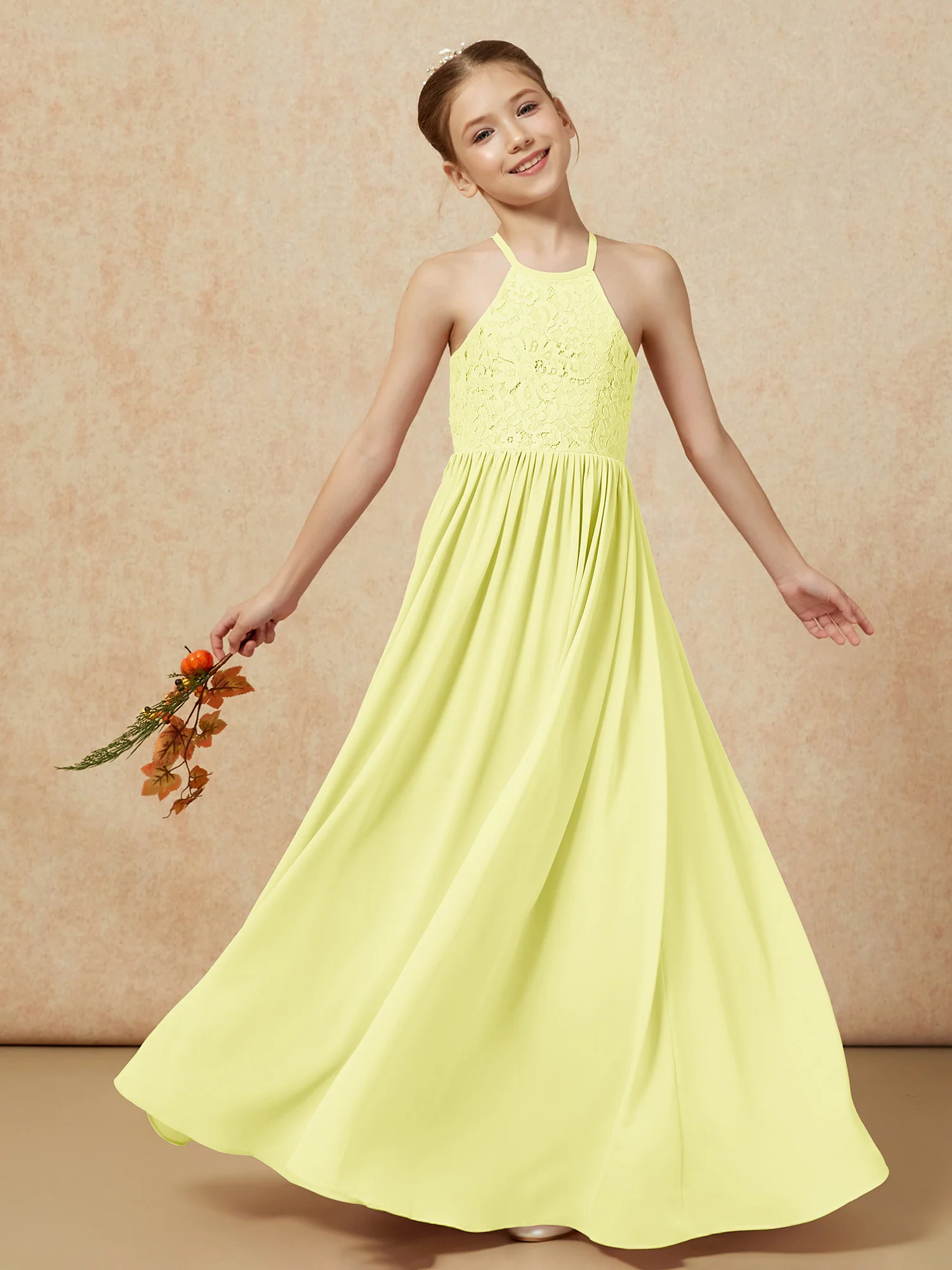 Pleated Lace Chiffion Long Junior Bridesmaid Dress Daffodil - Image 7