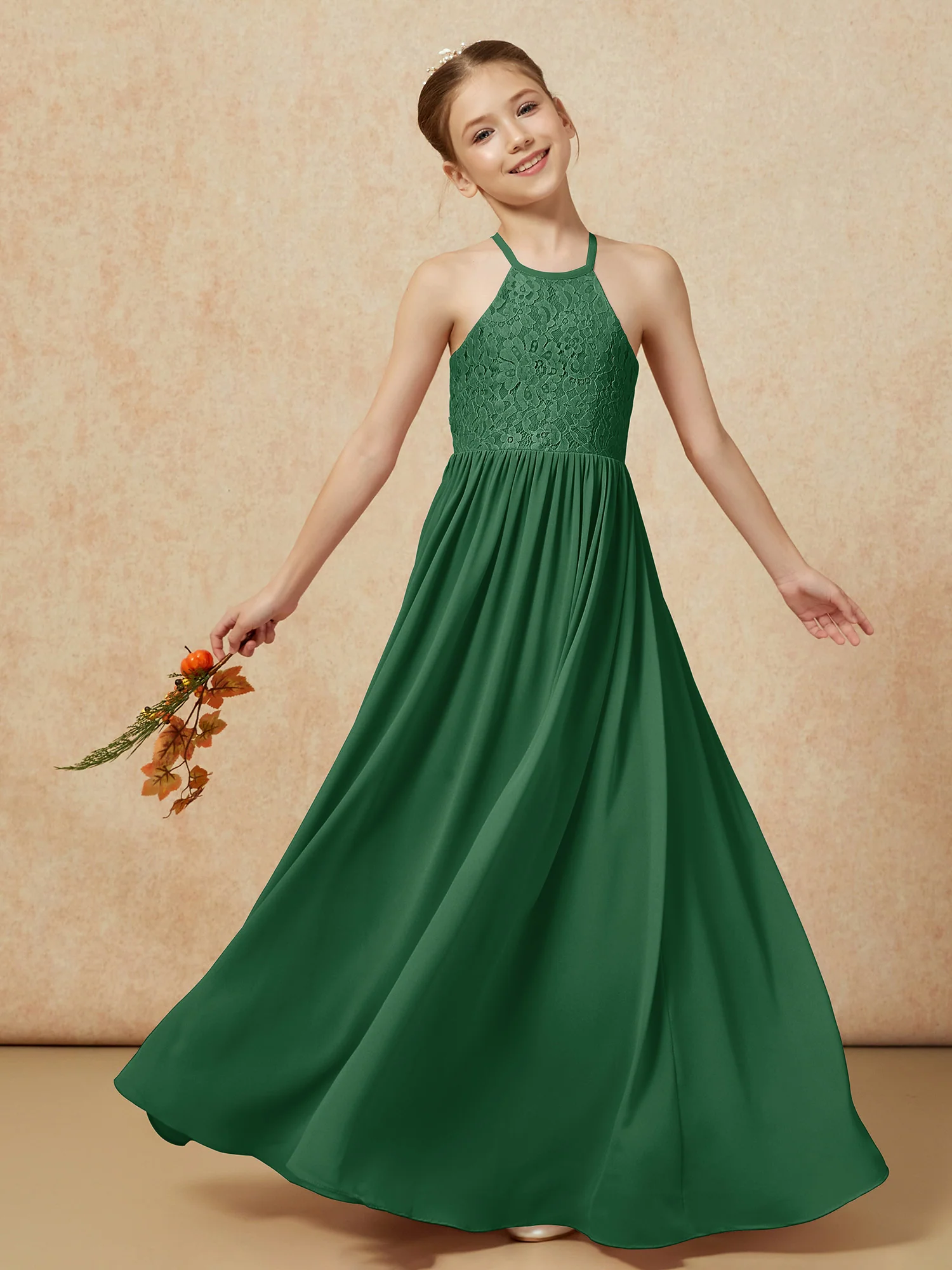 Pleated Lace Chiffion Long Junior Bridesmaid Dress Dark Green - Image 7