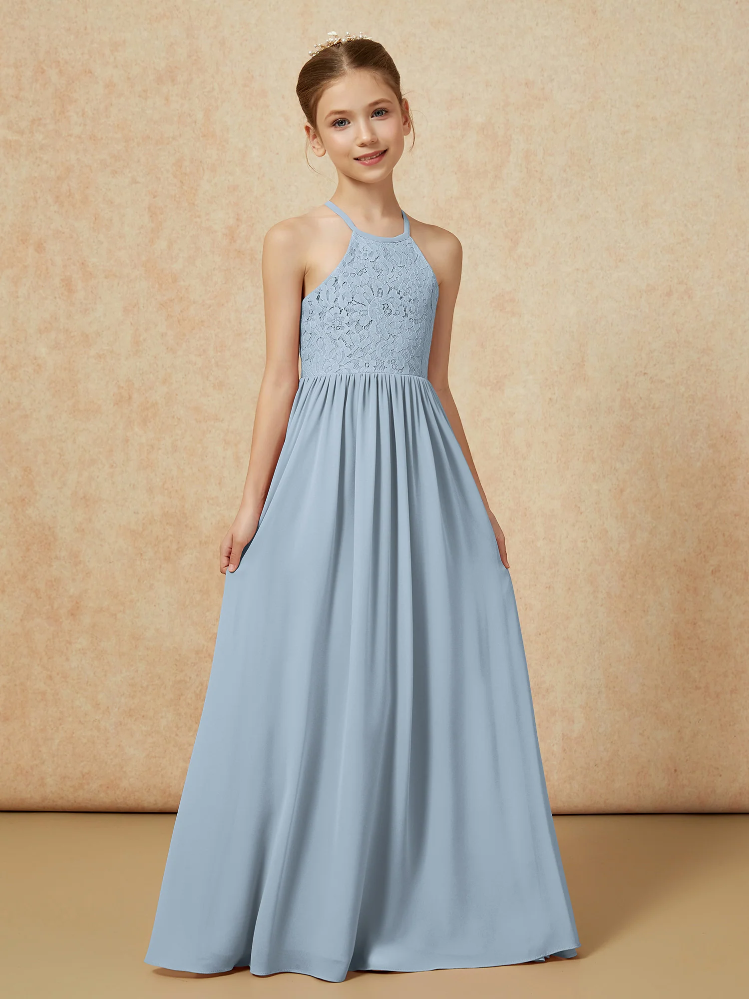 Pleated Lace Chiffion Long Junior Bridesmaid Dress Dusty Blue - Image 5