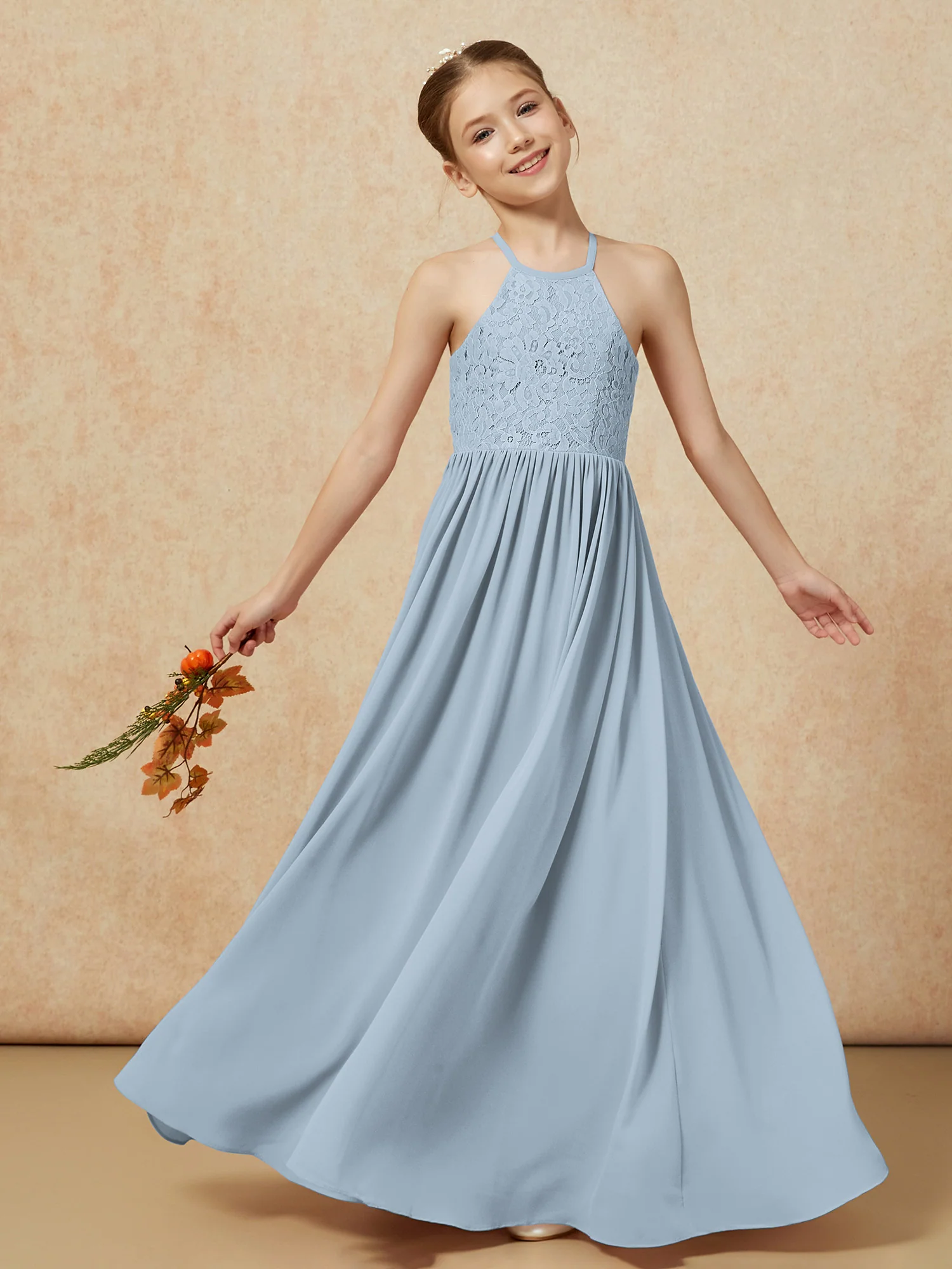 Pleated Lace Chiffion Long Junior Bridesmaid Dress Dusty Blue - Image 7