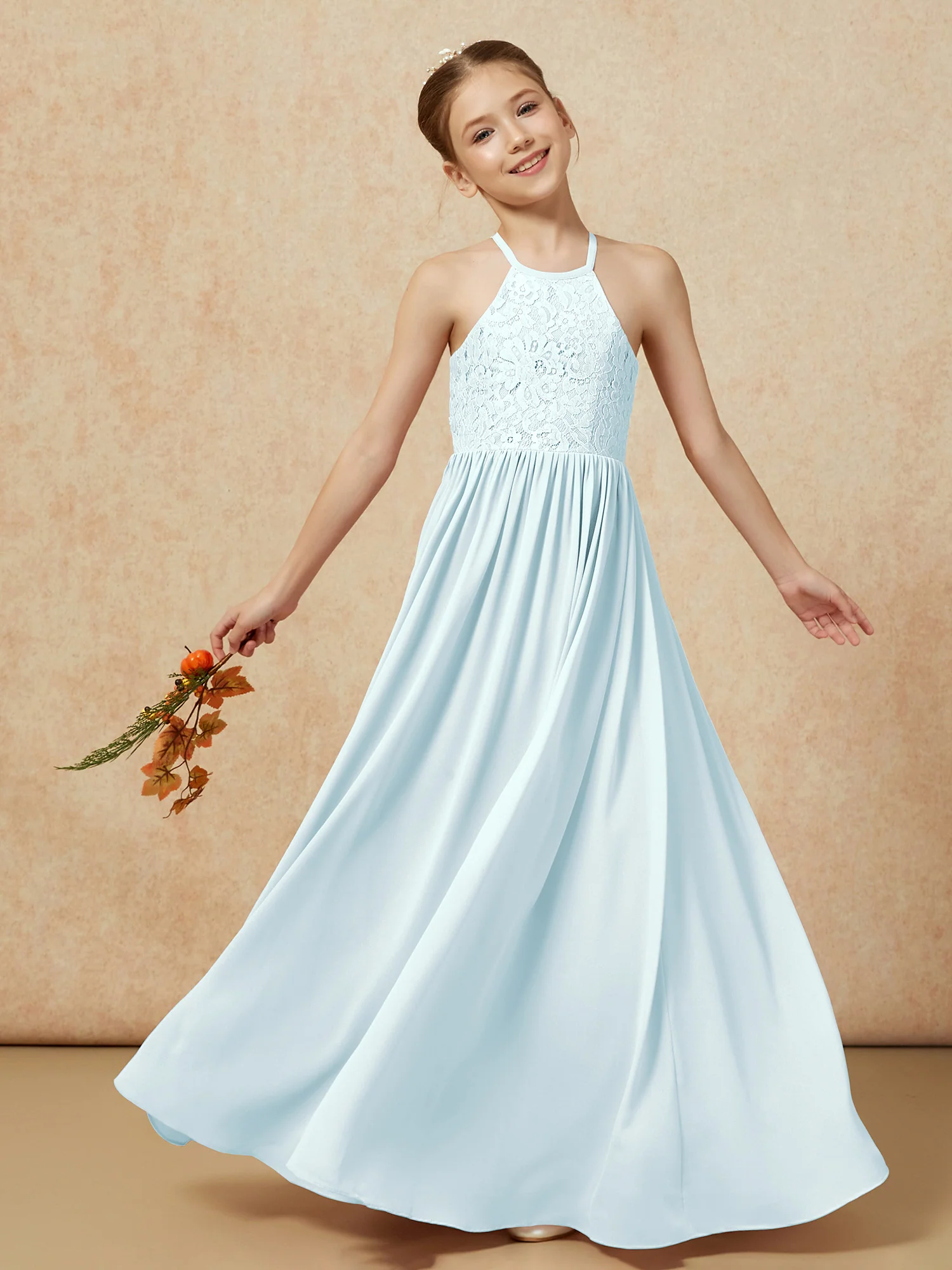 Pleated Lace Chiffion Long Junior Bridesmaid Dress Mist - Image 7