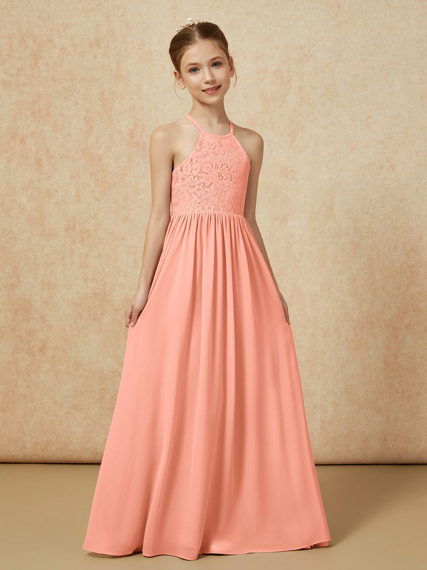 Pleated Lace Chiffion Long Junior Bridesmaid Dress Papaya - Image 5