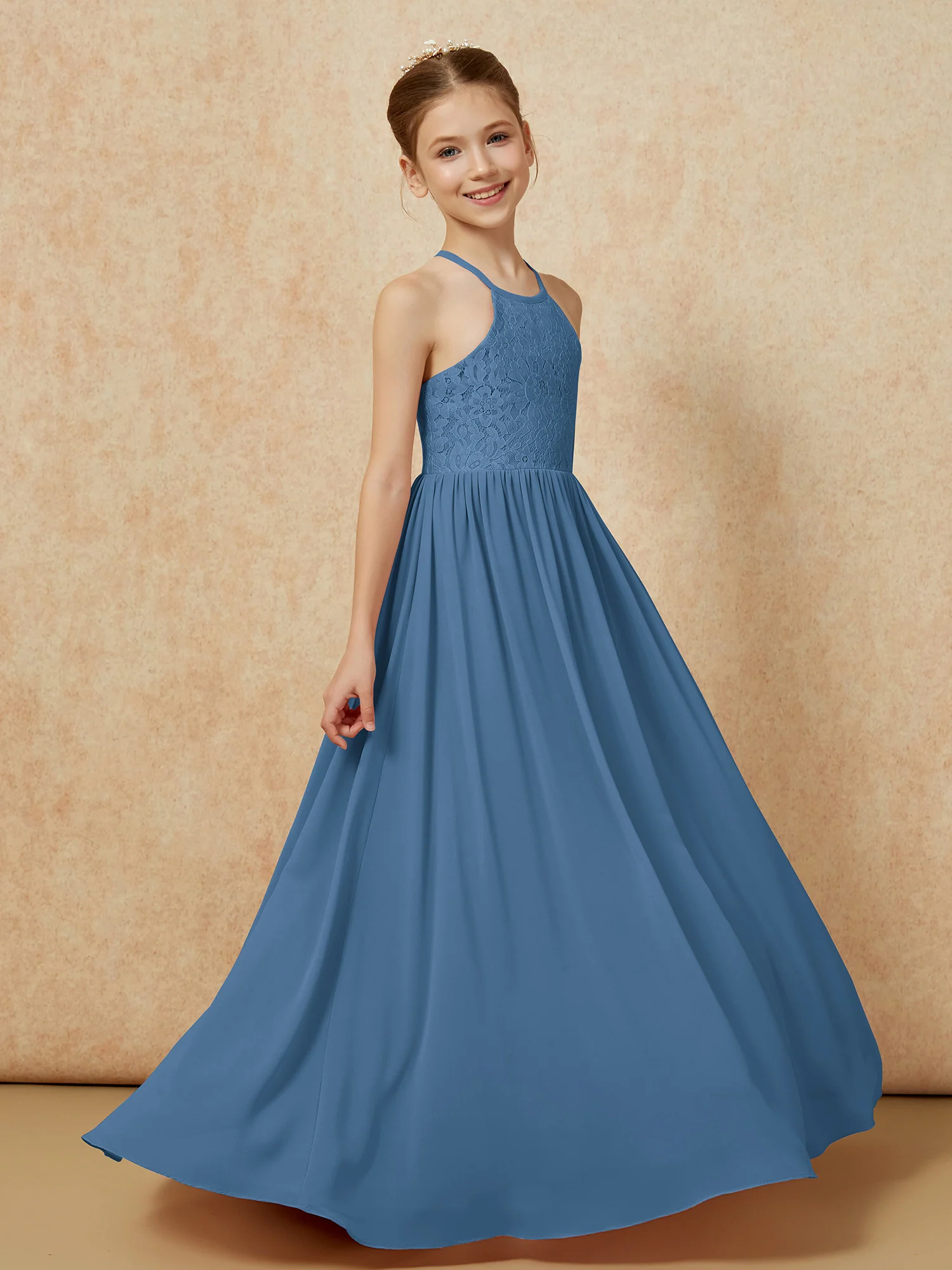 Pleated Lace Chiffion Long Junior Bridesmaid Dress Slate Blue - Image 3