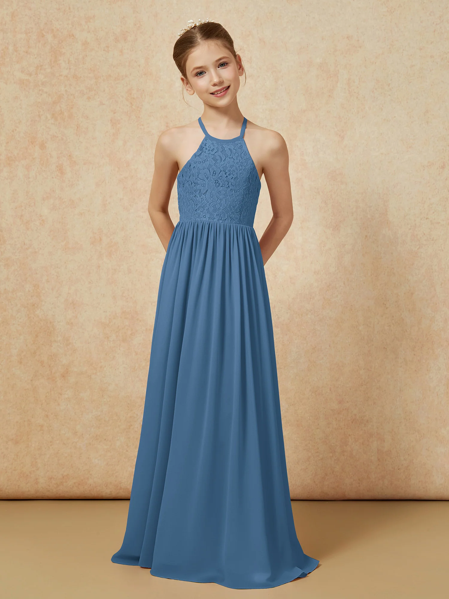 Pleated Lace Chiffion Long Junior Bridesmaid Dress Slate Blue - Image 4