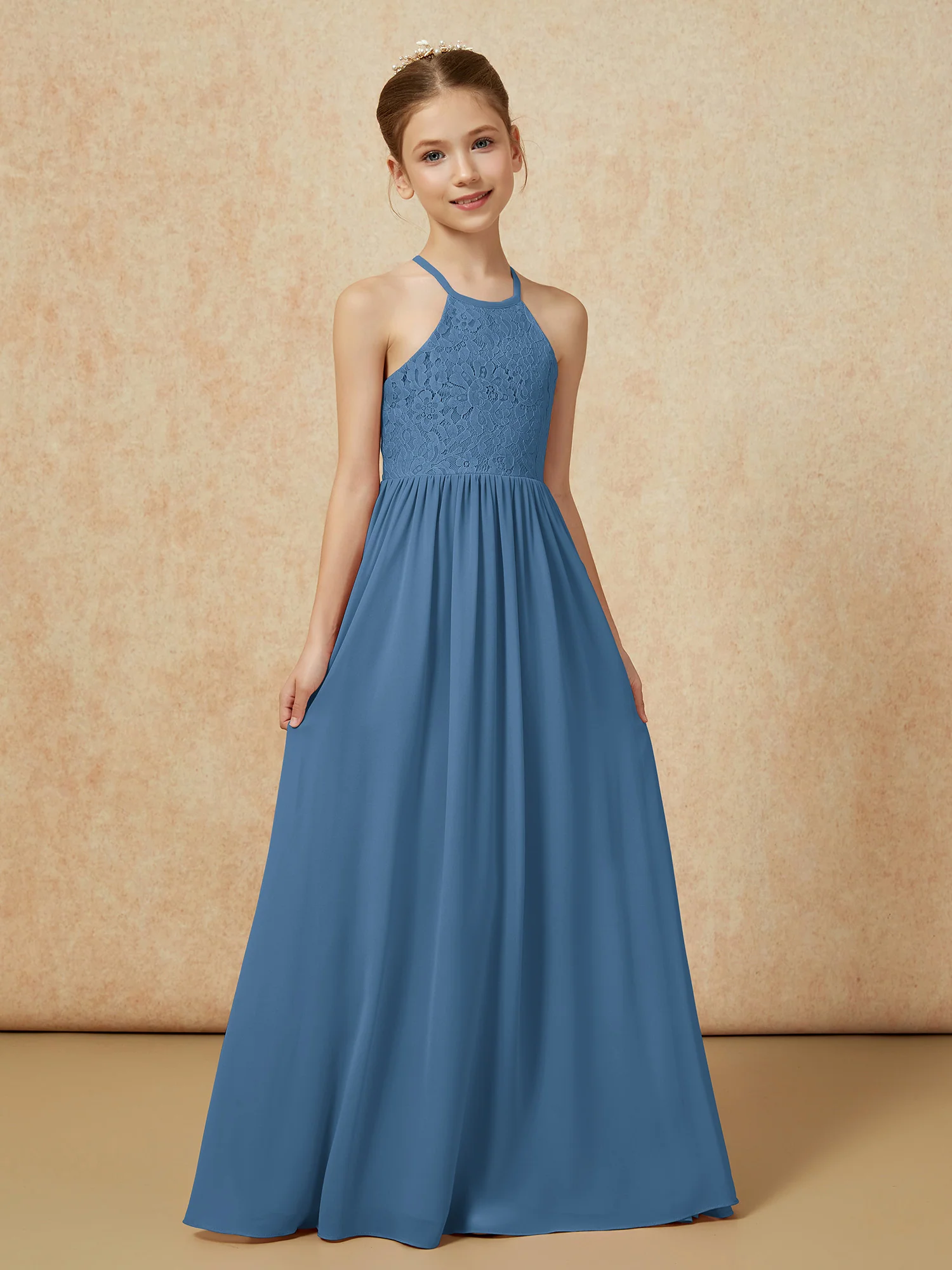 Pleated Lace Chiffion Long Junior Bridesmaid Dress Slate Blue - Image 5