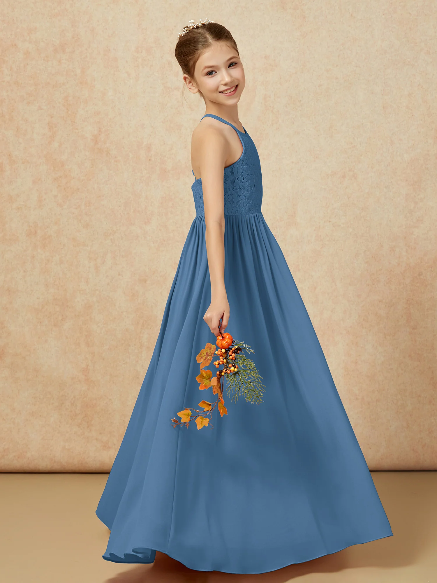 Pleated Lace Chiffion Long Junior Bridesmaid Dress Slate Blue - Image 6