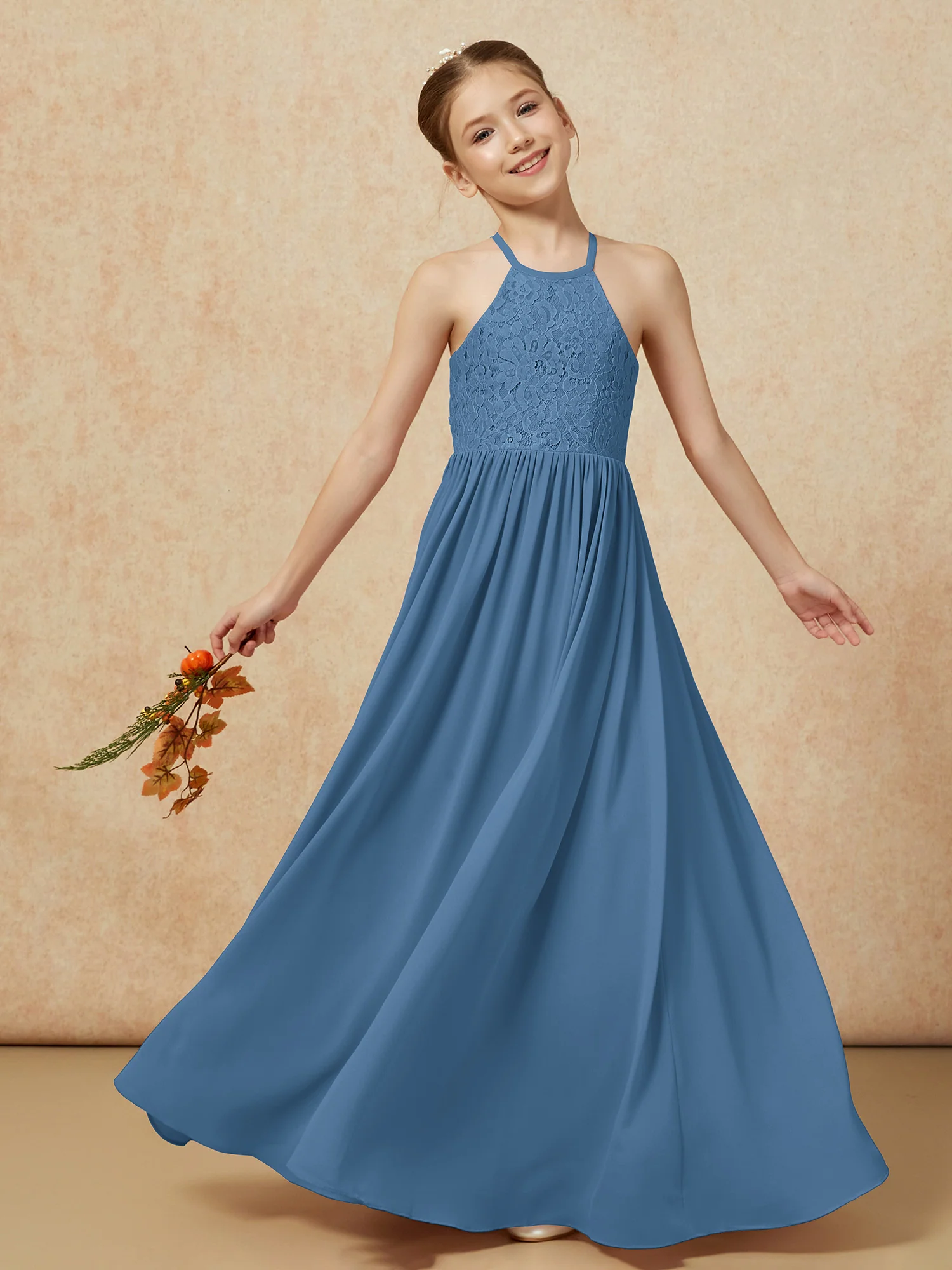 Pleated Lace Chiffion Long Junior Bridesmaid Dress Slate Blue - Image 7