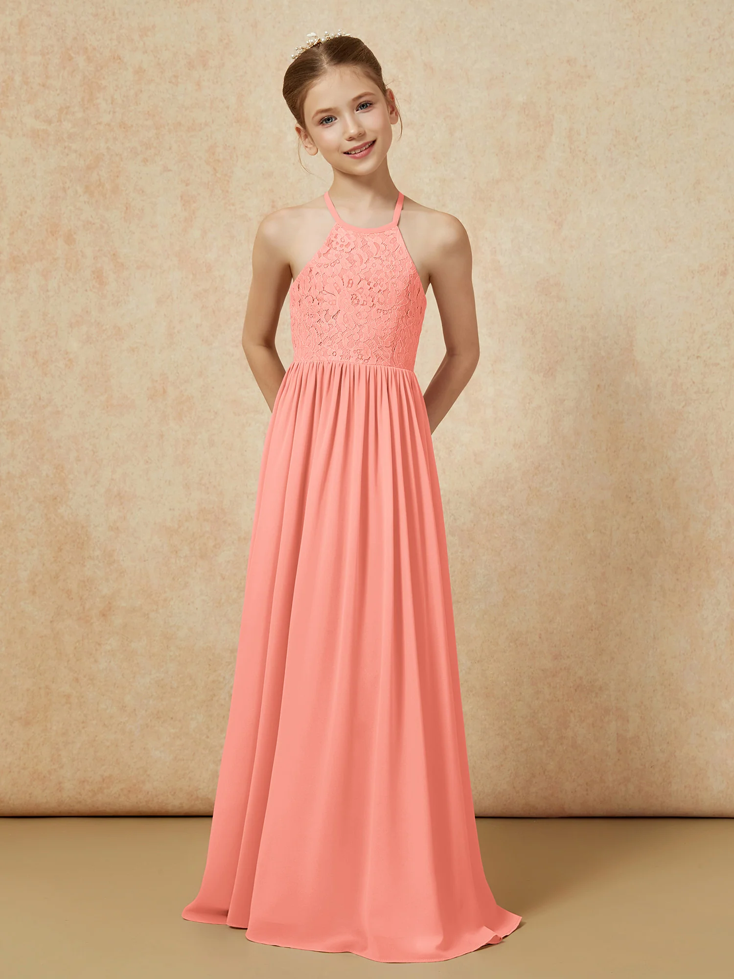 Pleated Lace Chiffion Long Junior Bridesmaid Dress Sunset - Image 4