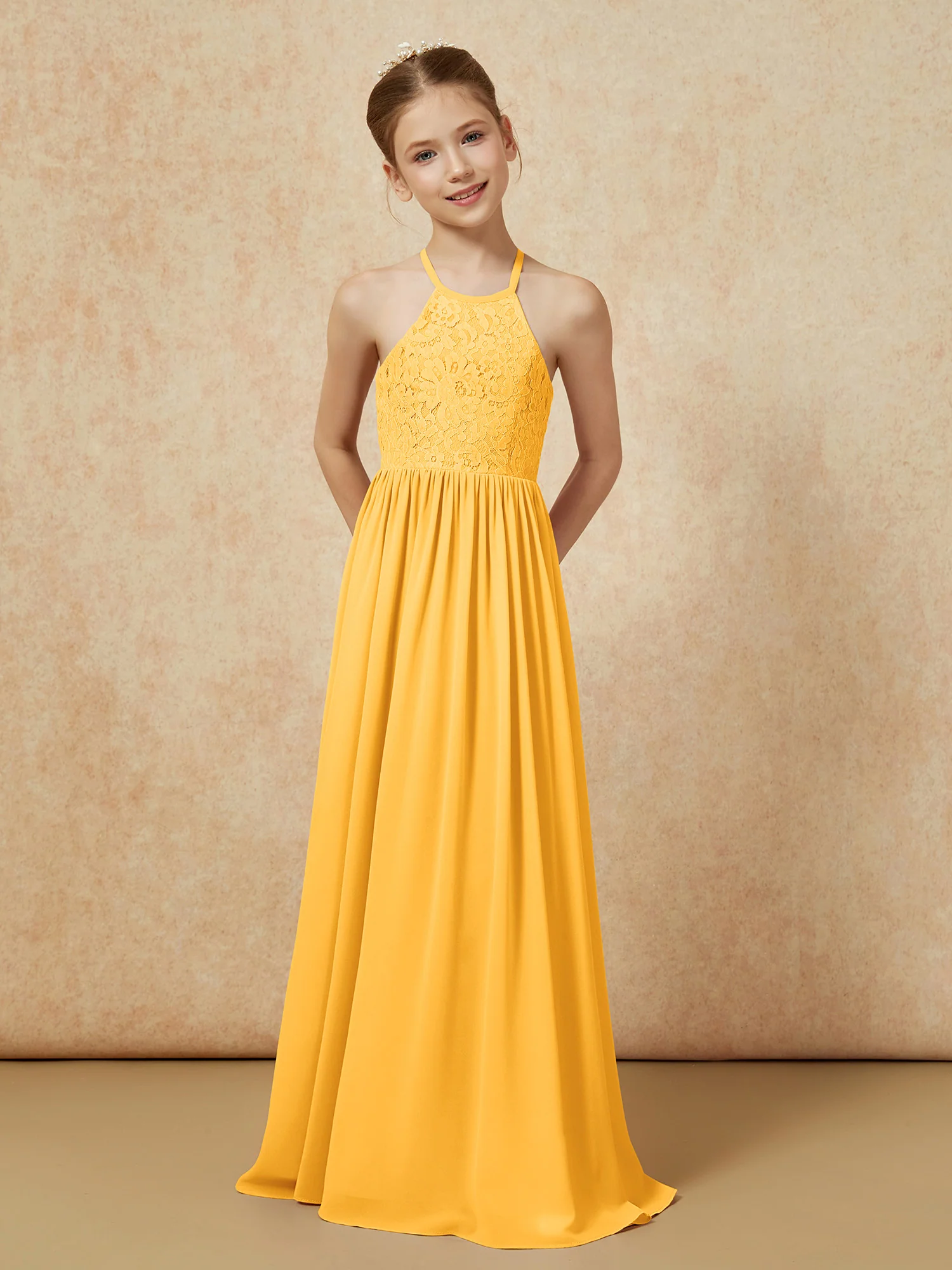 Pleated Lace Chiffion Long Junior Bridesmaid Dress Tangerine - Image 4