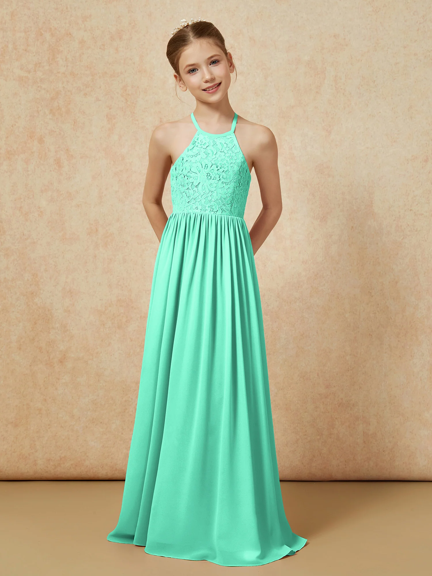 Pleated Lace Chiffion Long Junior Bridesmaid Dress Turquoise - Image 4