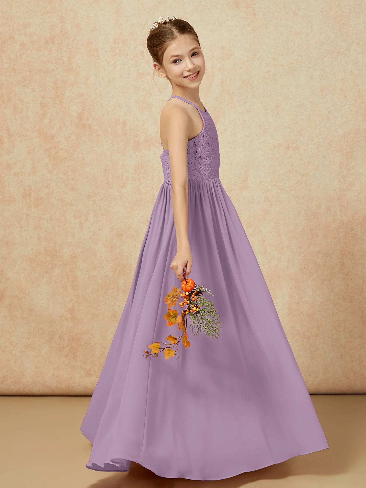 Pleated Lace Chiffion Long Junior Bridesmaid Dress Wisteria - Image 6