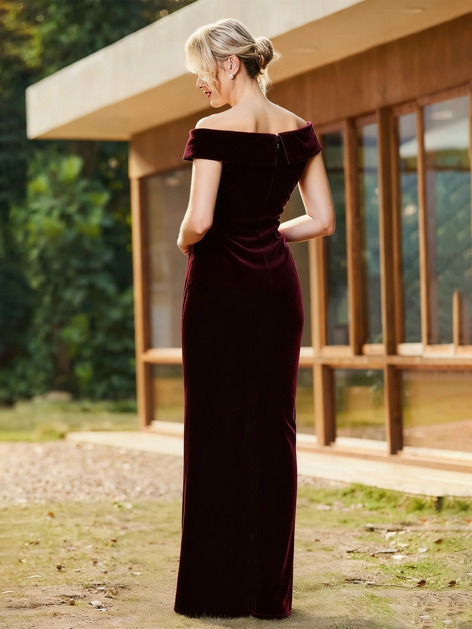 Pleated Off-the-Shoulder Beaded Long Dress With Slit Peacock - Image 2