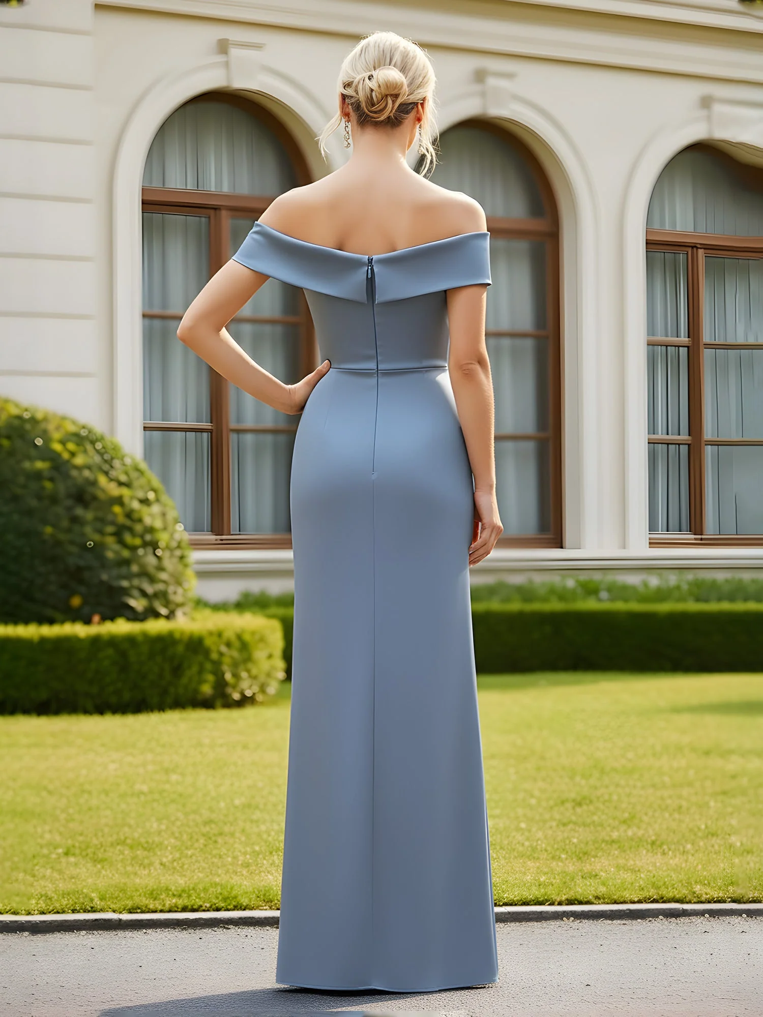Pleated Off-the-Shoulder Sheath Long Dress With Slit Lilac - Image 2