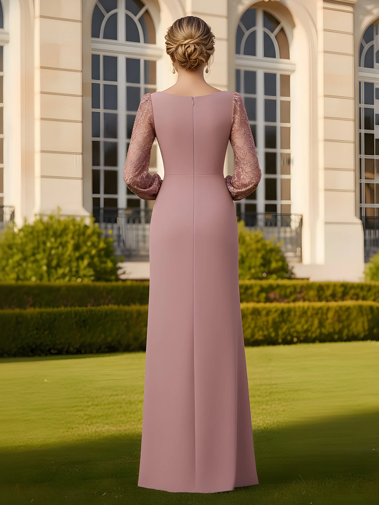 Pleated Scoop Neck Lace Long Sleeves Sheath Dress Burgundy - Image 2