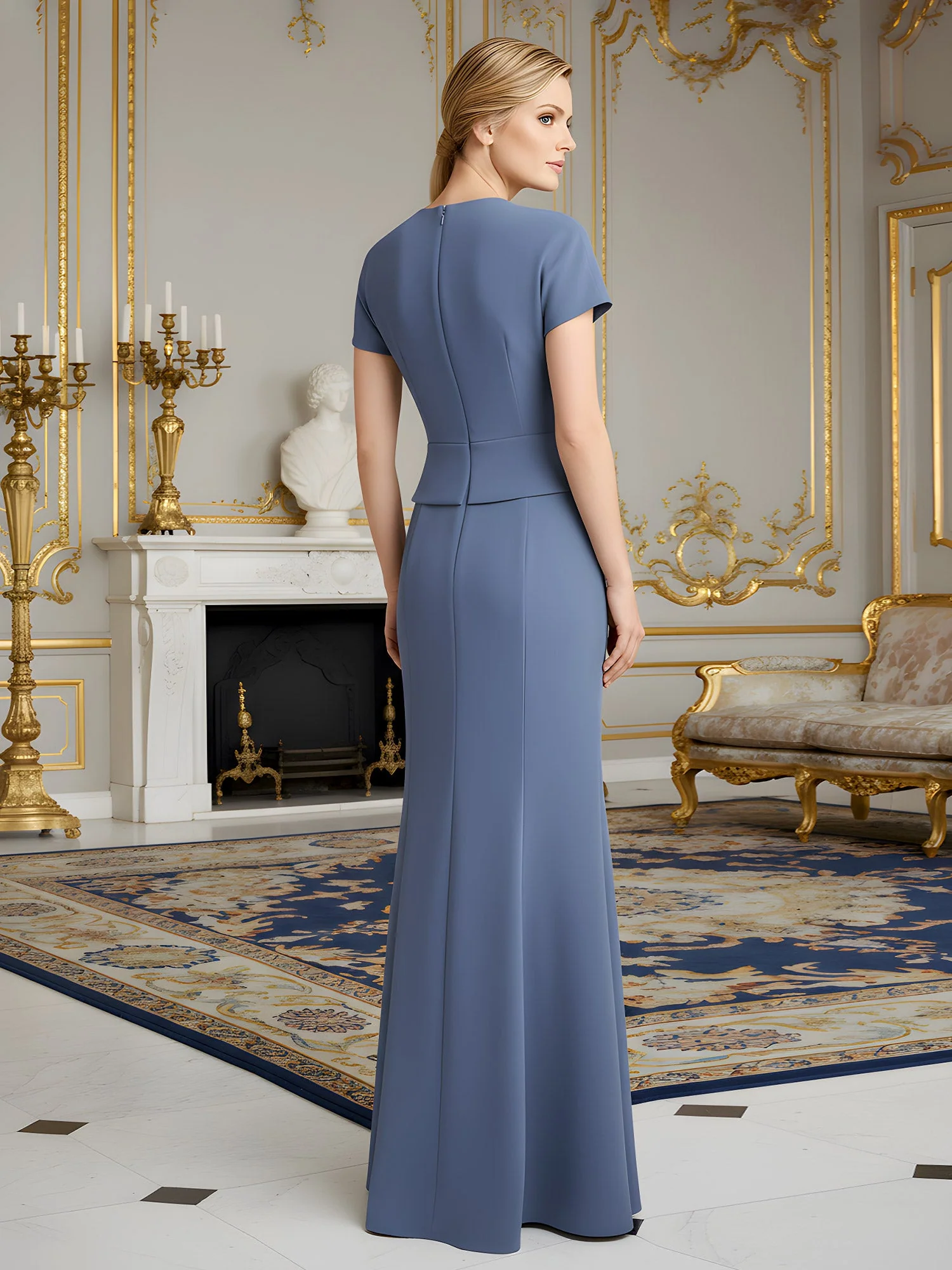 Pleated Short Sleeves Bodycon Long Dress Peacock - Image 2