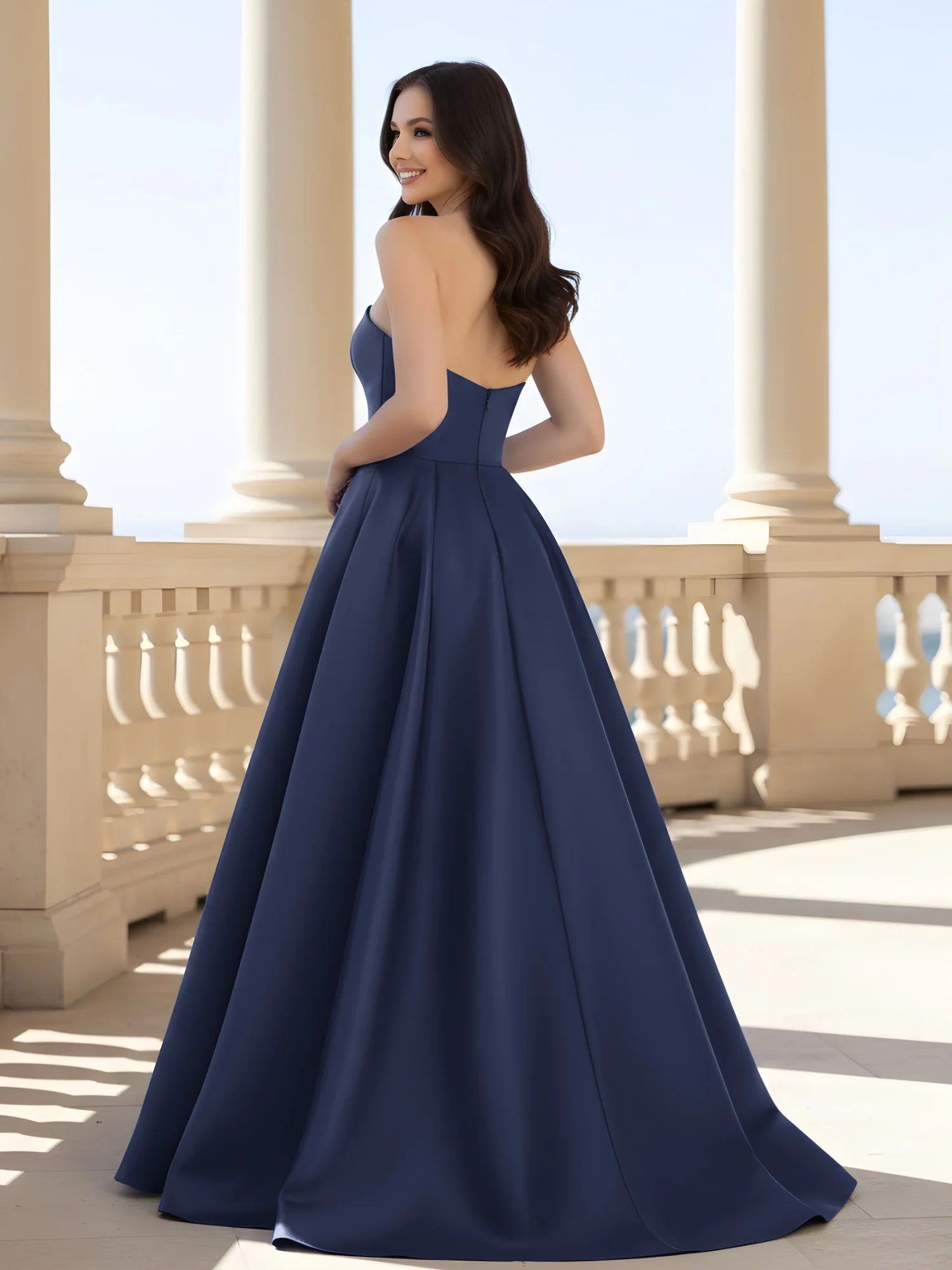 Pleated Strapless A-Line Long Dress With Slit Dark Navy - Image 2