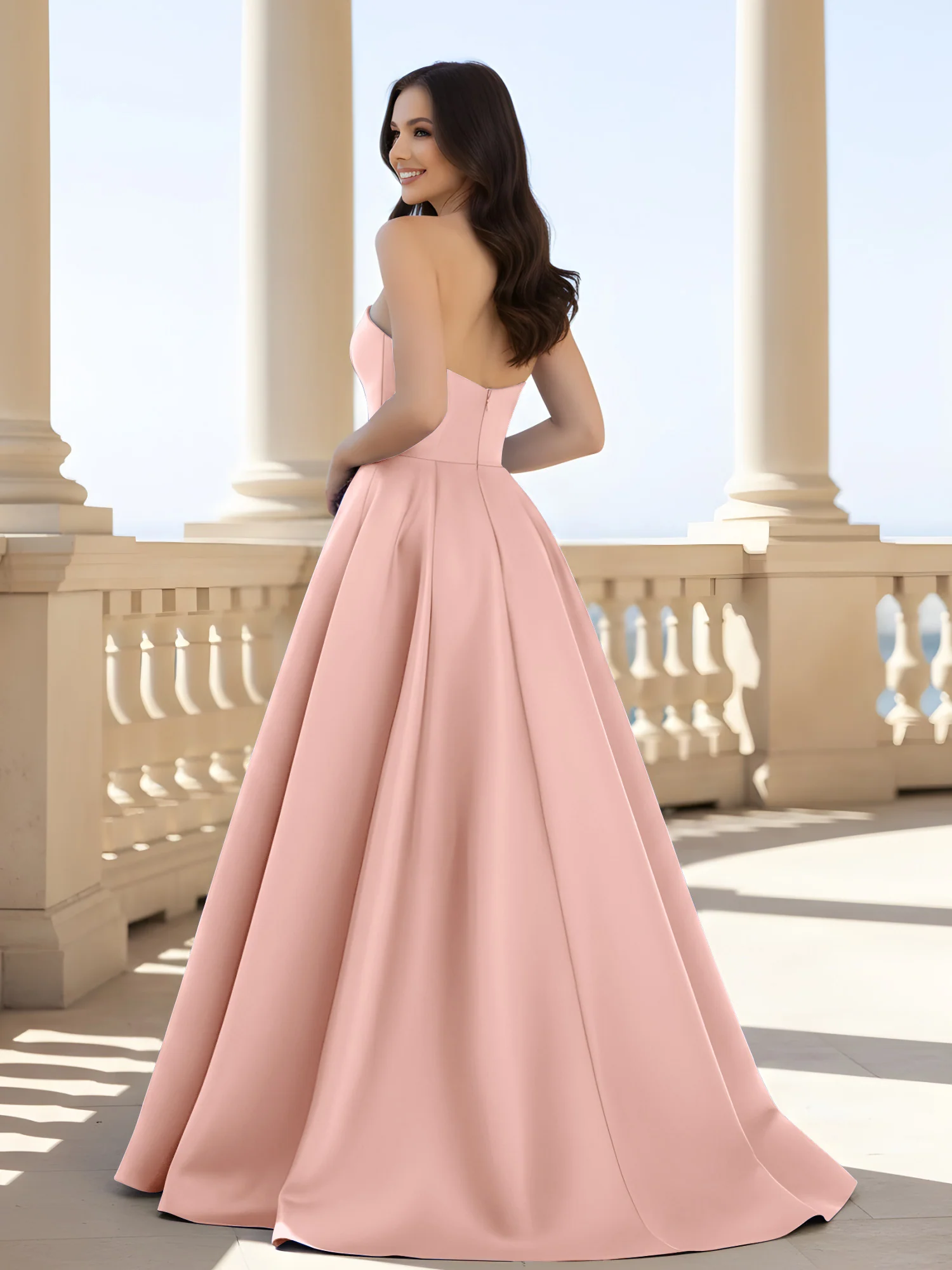 Pleated Strapless A-Line Long Dress With Slit Dusty Rose - Image 2