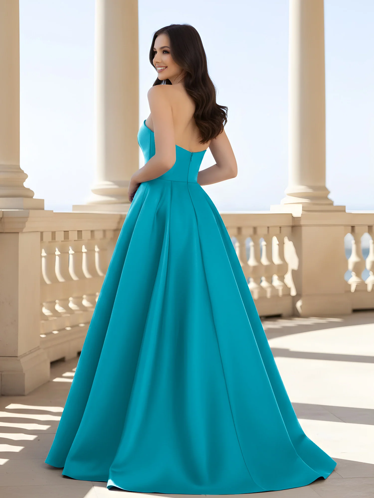 Pleated Strapless A-Line Long Dress With Slit Jade - Image 2