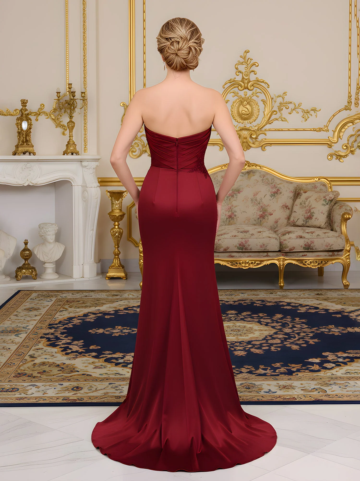 Pleated Sweetheart Corset Applique Dress With Slit Dusty Rose - Image 2