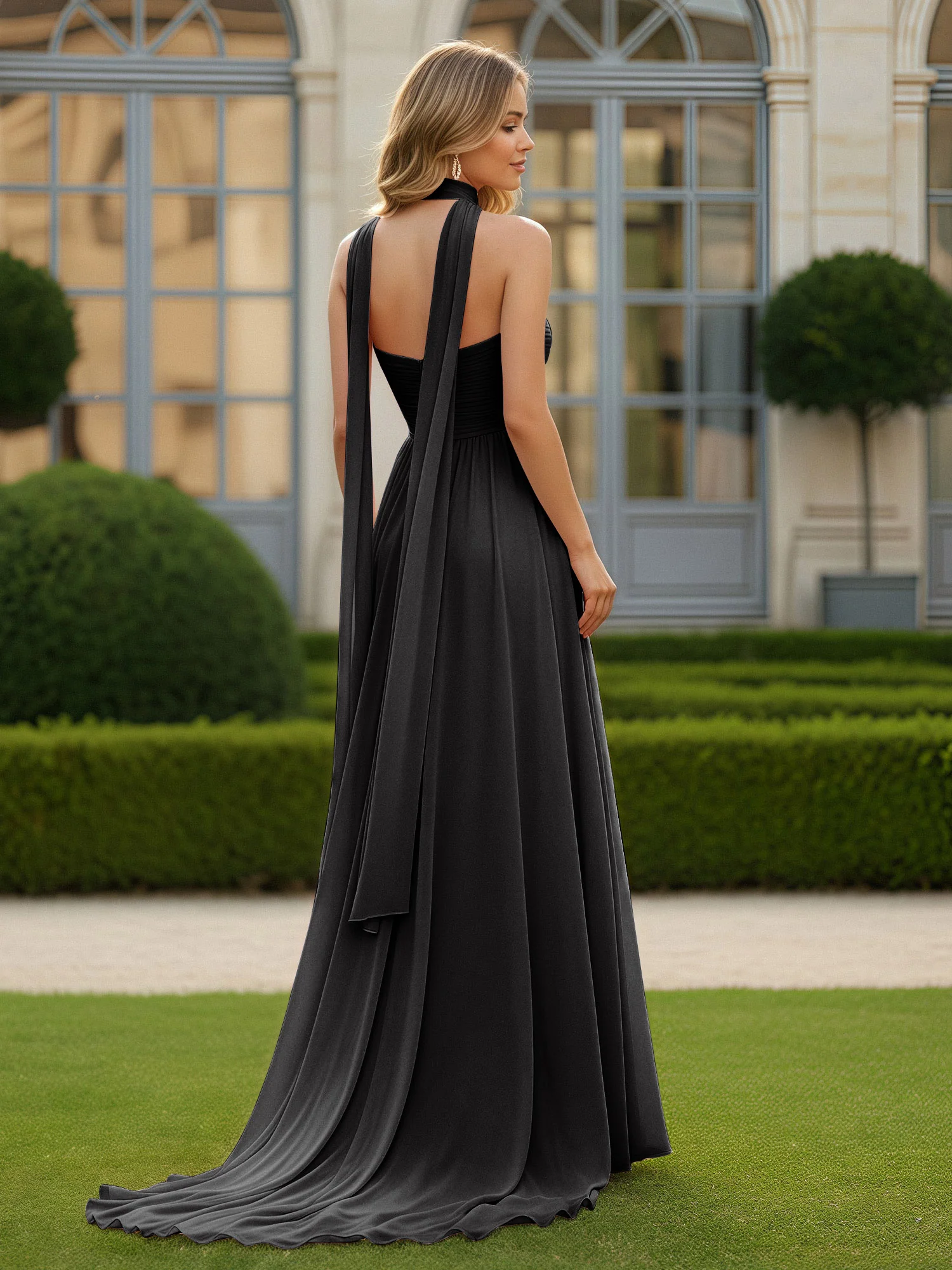 Pleated Sweetheart Neck A-line Chiffon Dress With Slit Black - Image 2