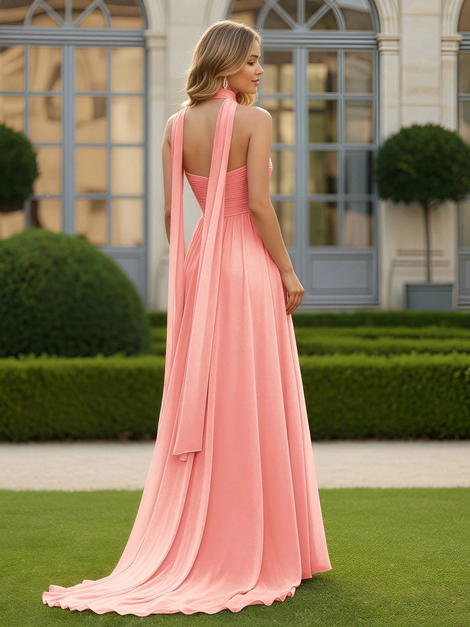 Pleated Sweetheart Neck A-line Chiffon Dress With Slit Coral - Image 2