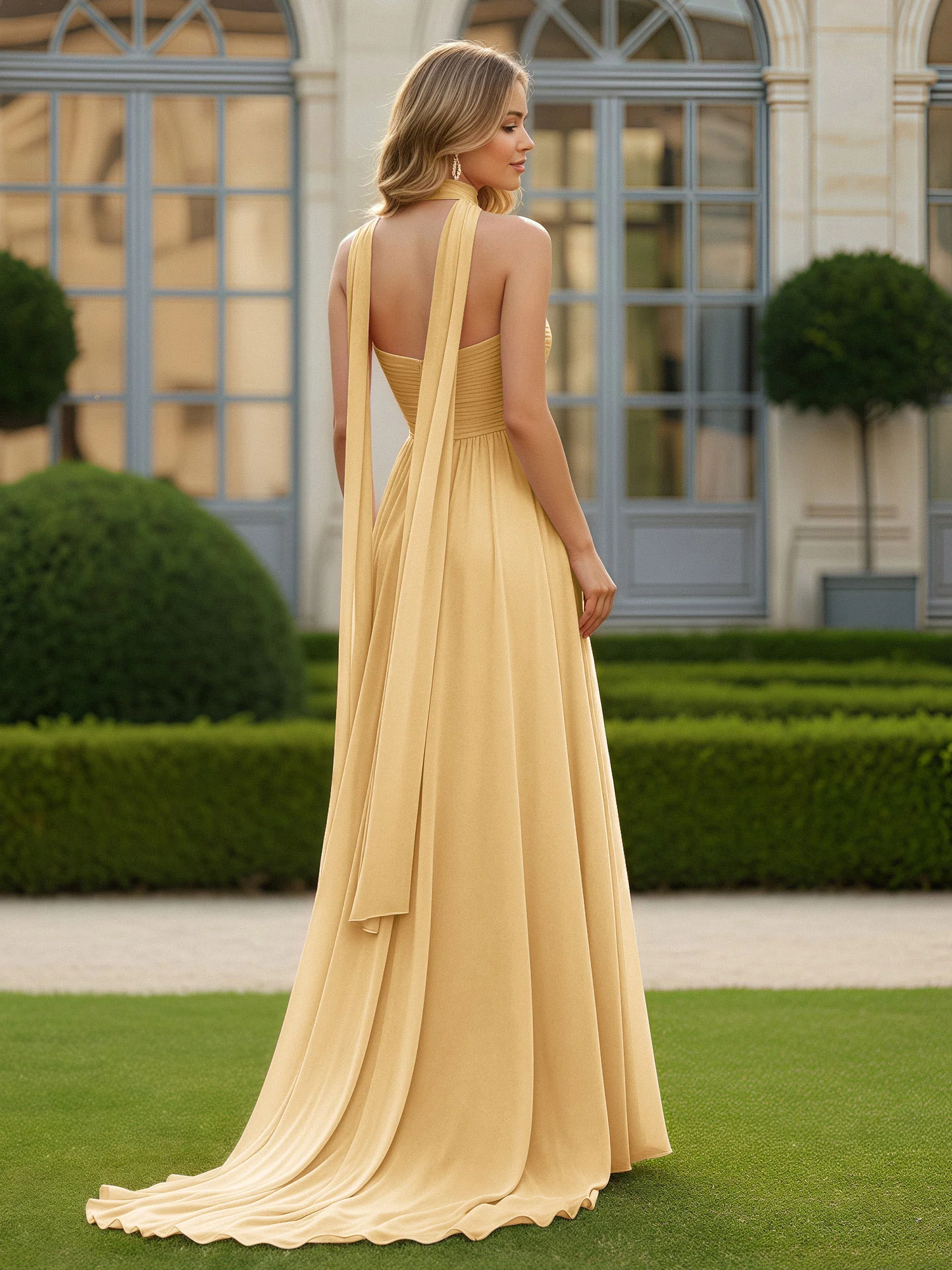 Pleated Sweetheart Neck A-line Chiffon Dress With Slit Gold - Image 2