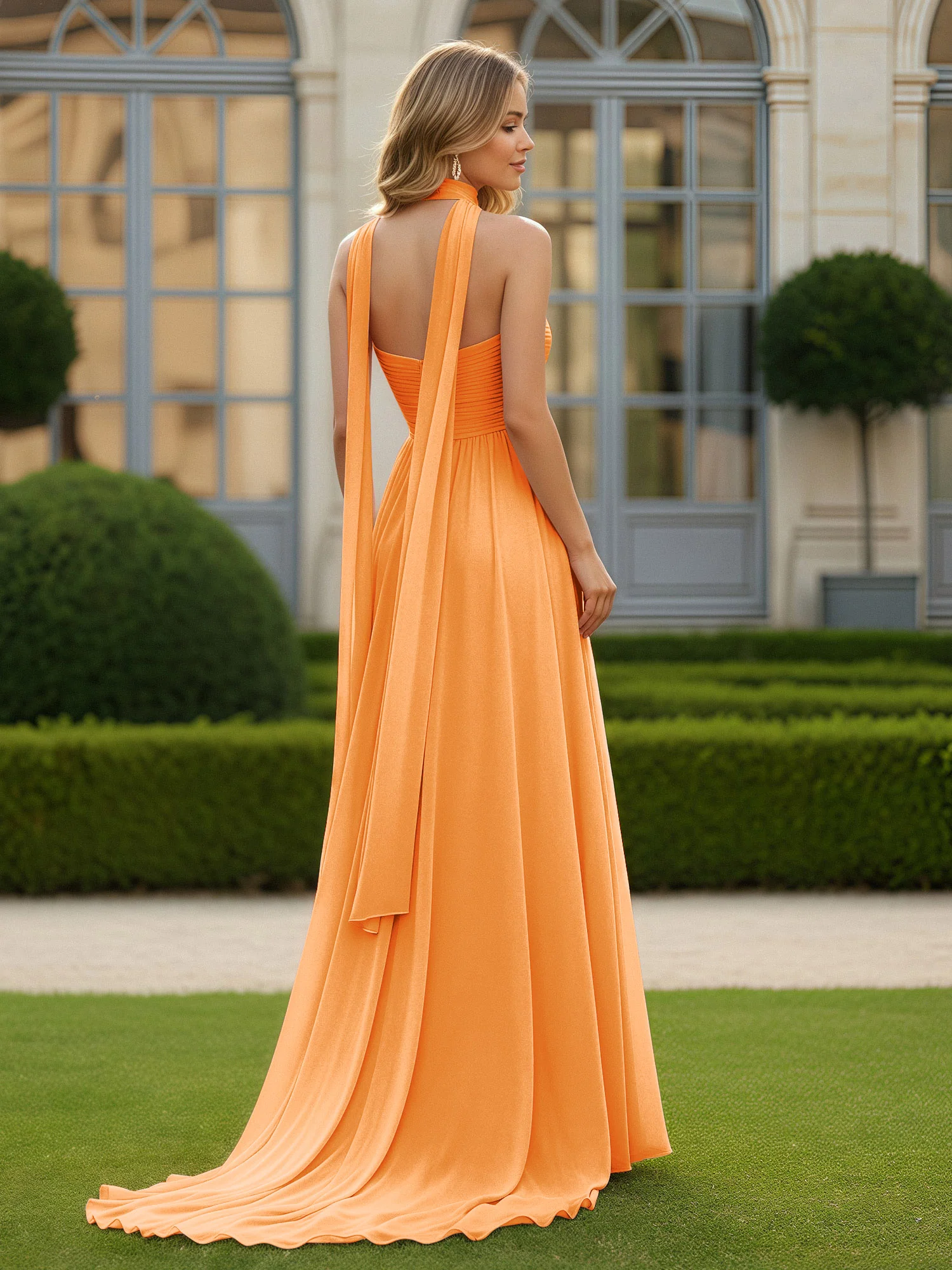 Pleated Sweetheart Neck A-line Chiffon Dress With Slit Orange - Image 2