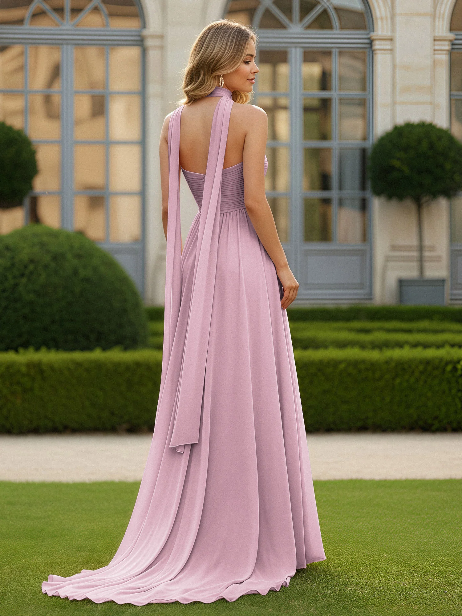 Pleated Sweetheart Neck A-line Chiffon Dress With Slit Vintage Mauve - Image 2