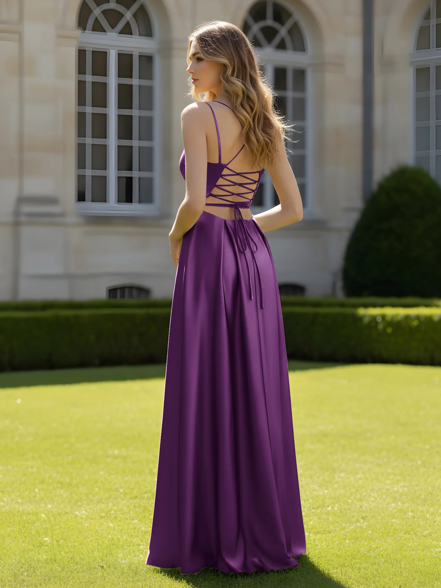 Pleated Sweetheart Neck A-Line Dress With Slit Grape - Image 2