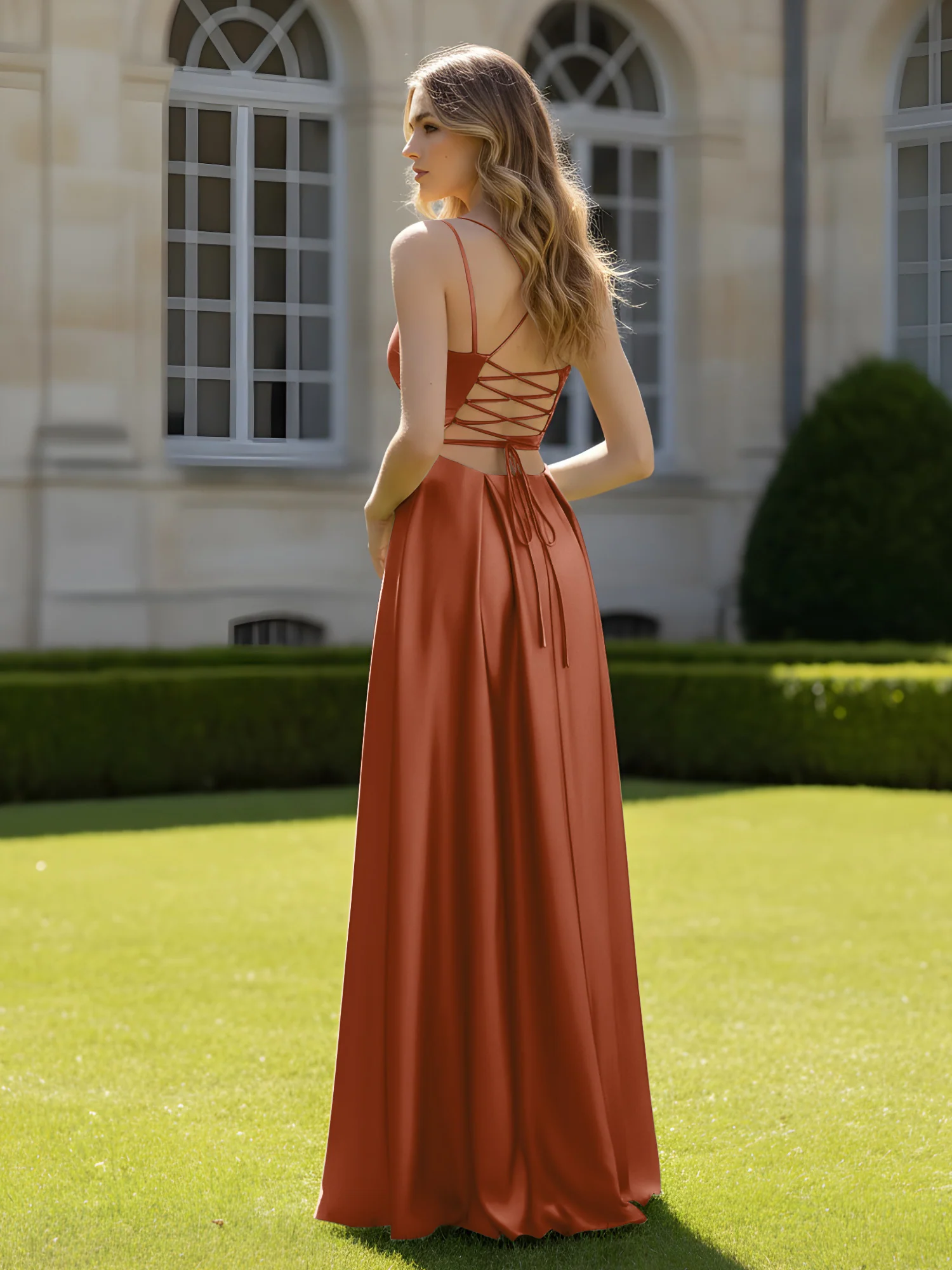 Pleated Sweetheart Neck A-Line Dress With Slit Terracotta - Image 2