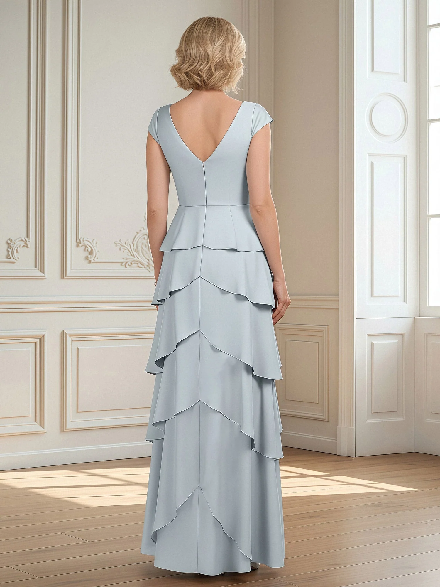 Pleated V-neck Cap Sleeve A-Line Tiered Long Dress Taupe - Image 2
