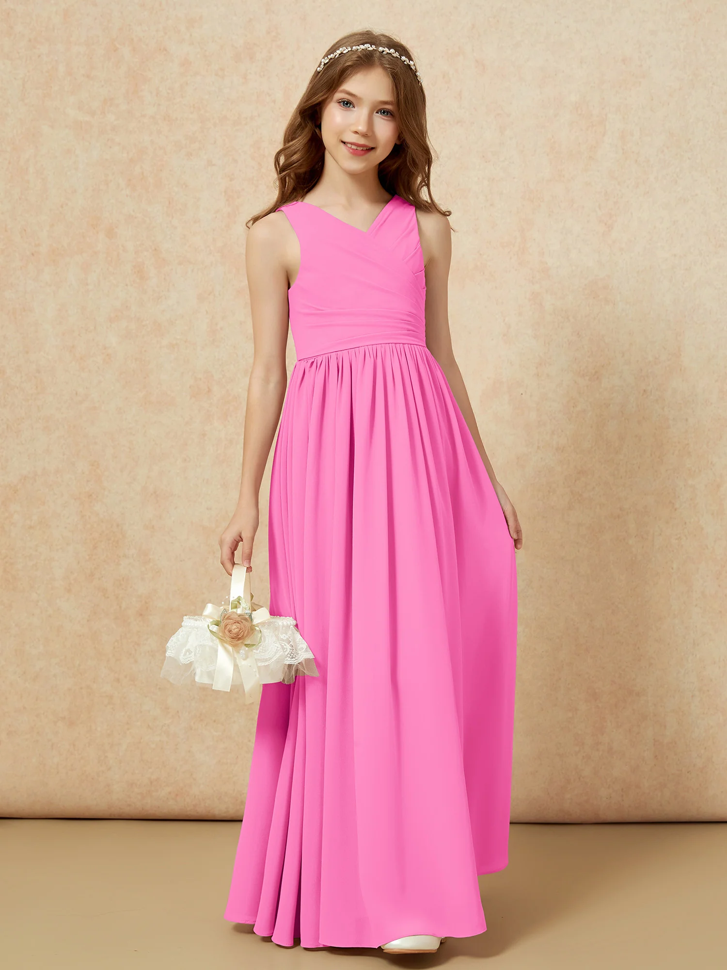 Pleated V-neck Chiffon Long Junior Bridesmaid Dresses Azalea - Image 4