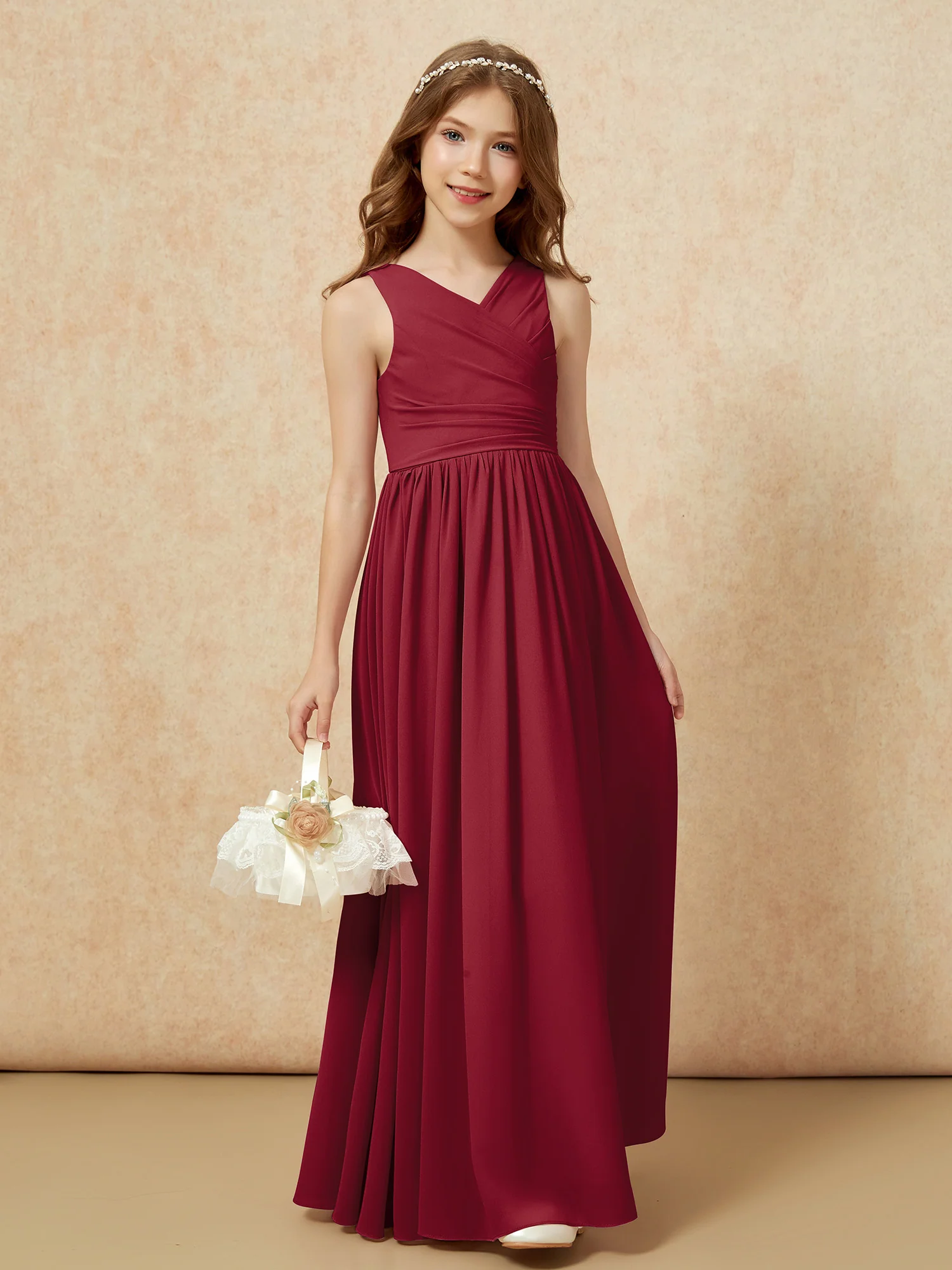 Pleated V-neck Chiffon Long Junior Bridesmaid Dresses Burgundy - Image 4