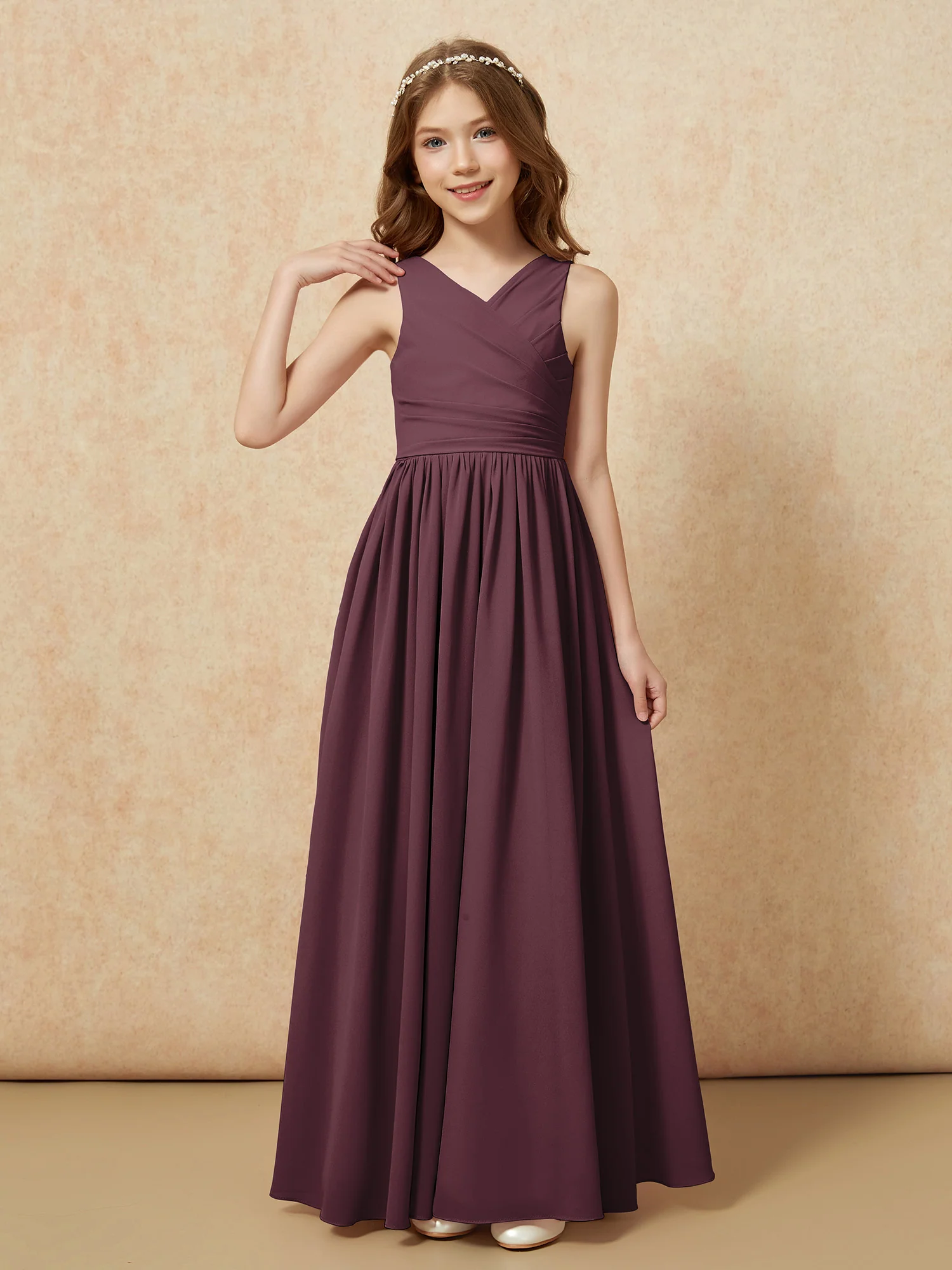 Pleated V-neck Chiffon Long Junior Bridesmaid Dresses Cabernet