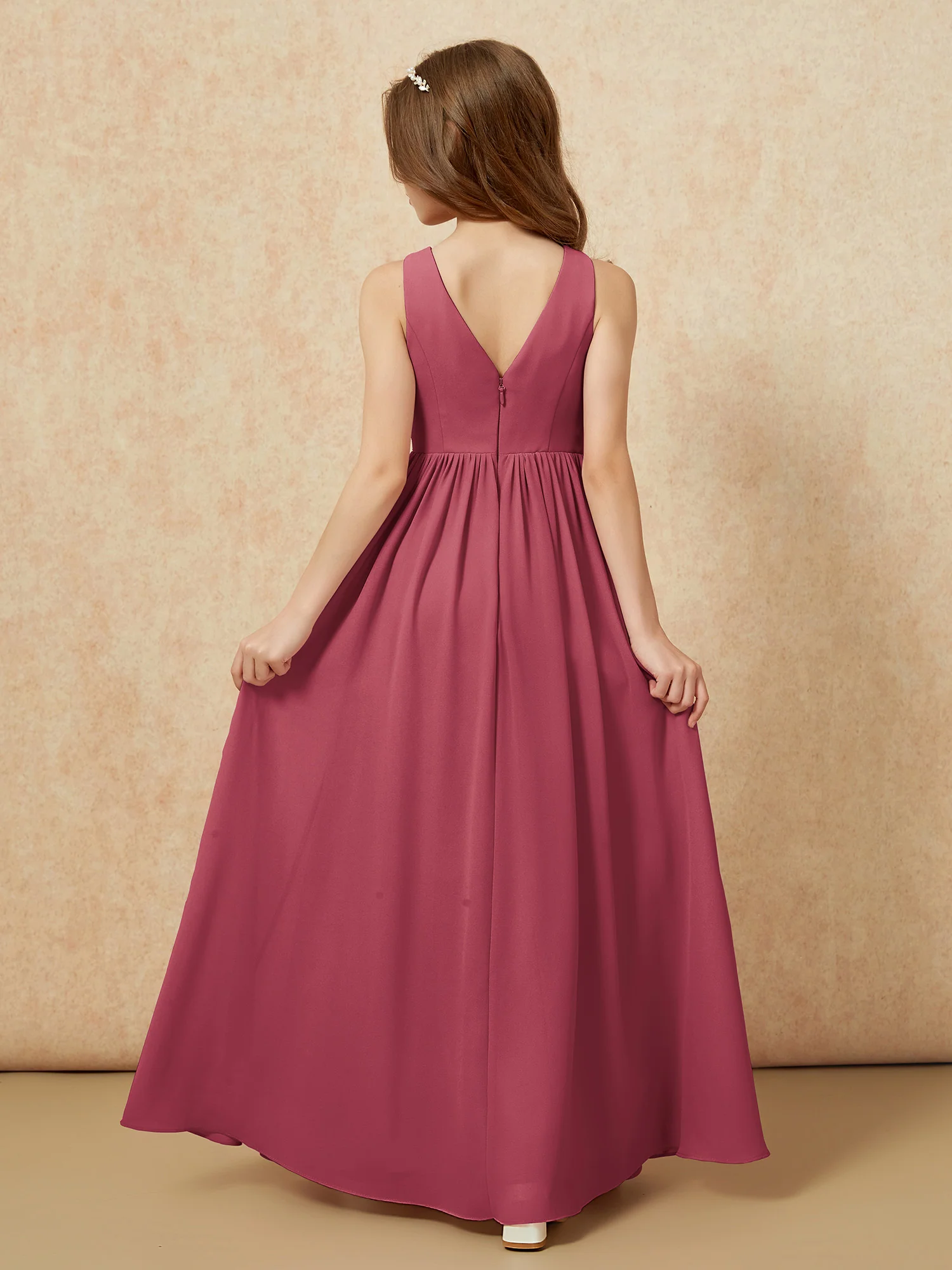 Pleated V-neck Chiffon Long Junior Bridesmaid Dresses Cinnamon Rose - Image 2