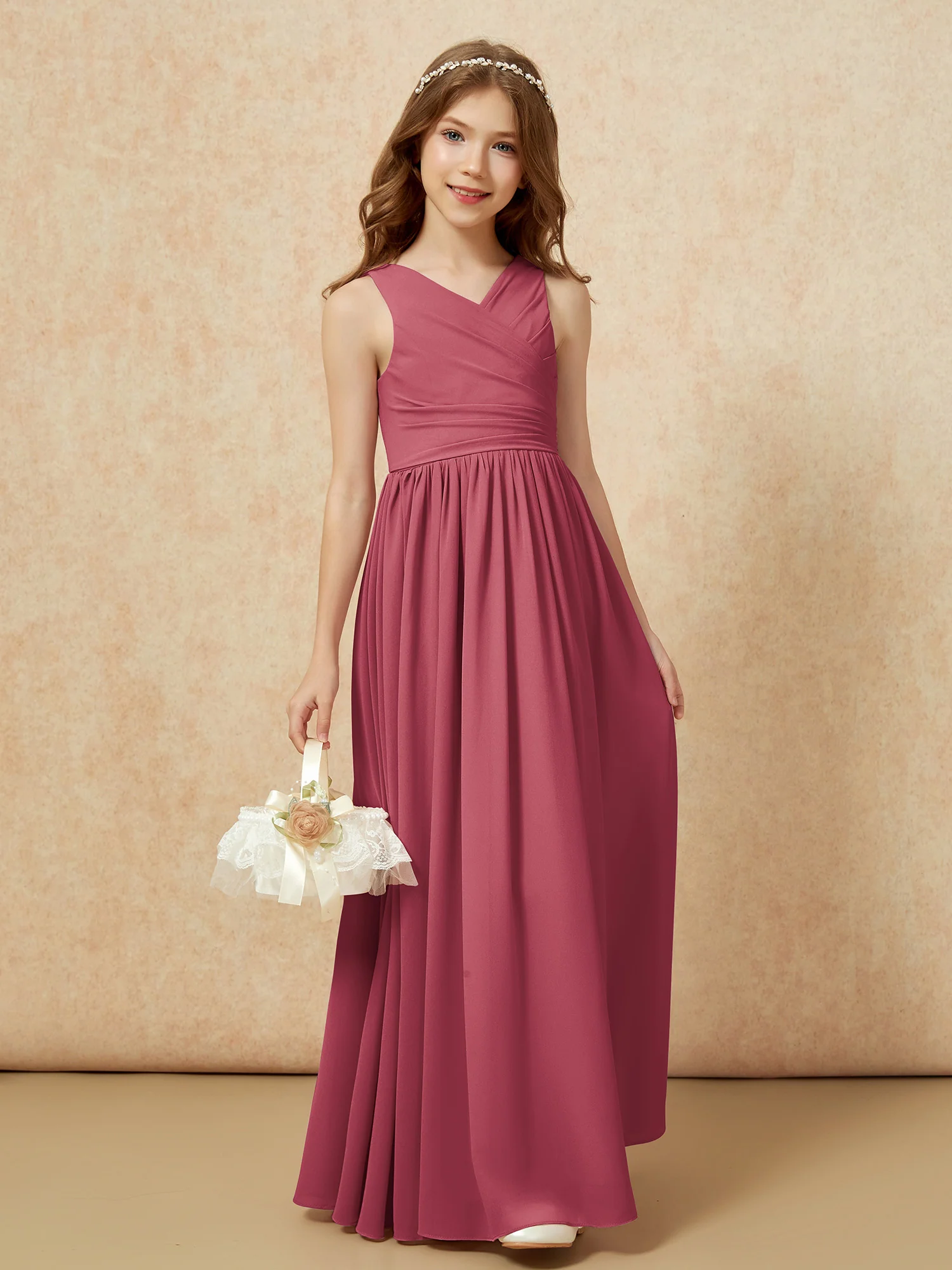 Pleated V-neck Chiffon Long Junior Bridesmaid Dresses Cinnamon Rose - Image 4