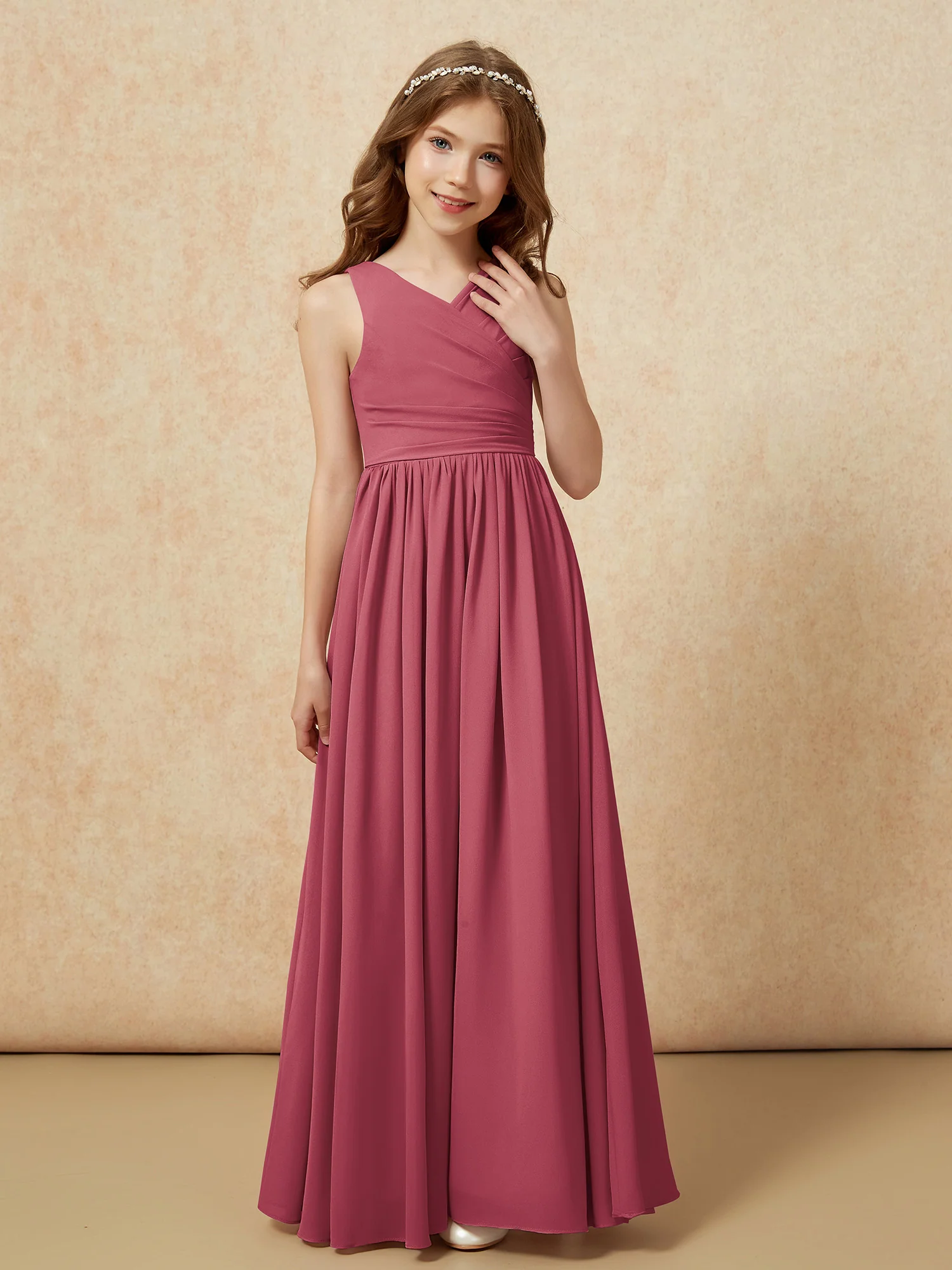 Pleated V-neck Chiffon Long Junior Bridesmaid Dresses Cinnamon Rose - Image 5