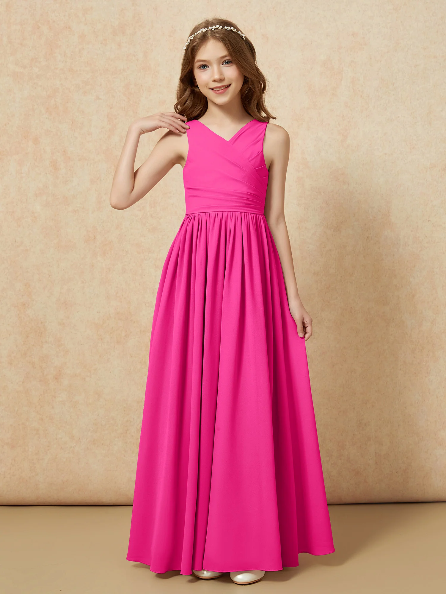 Pleated V-neck Chiffon Long Junior Bridesmaid Dresses Fuchsia