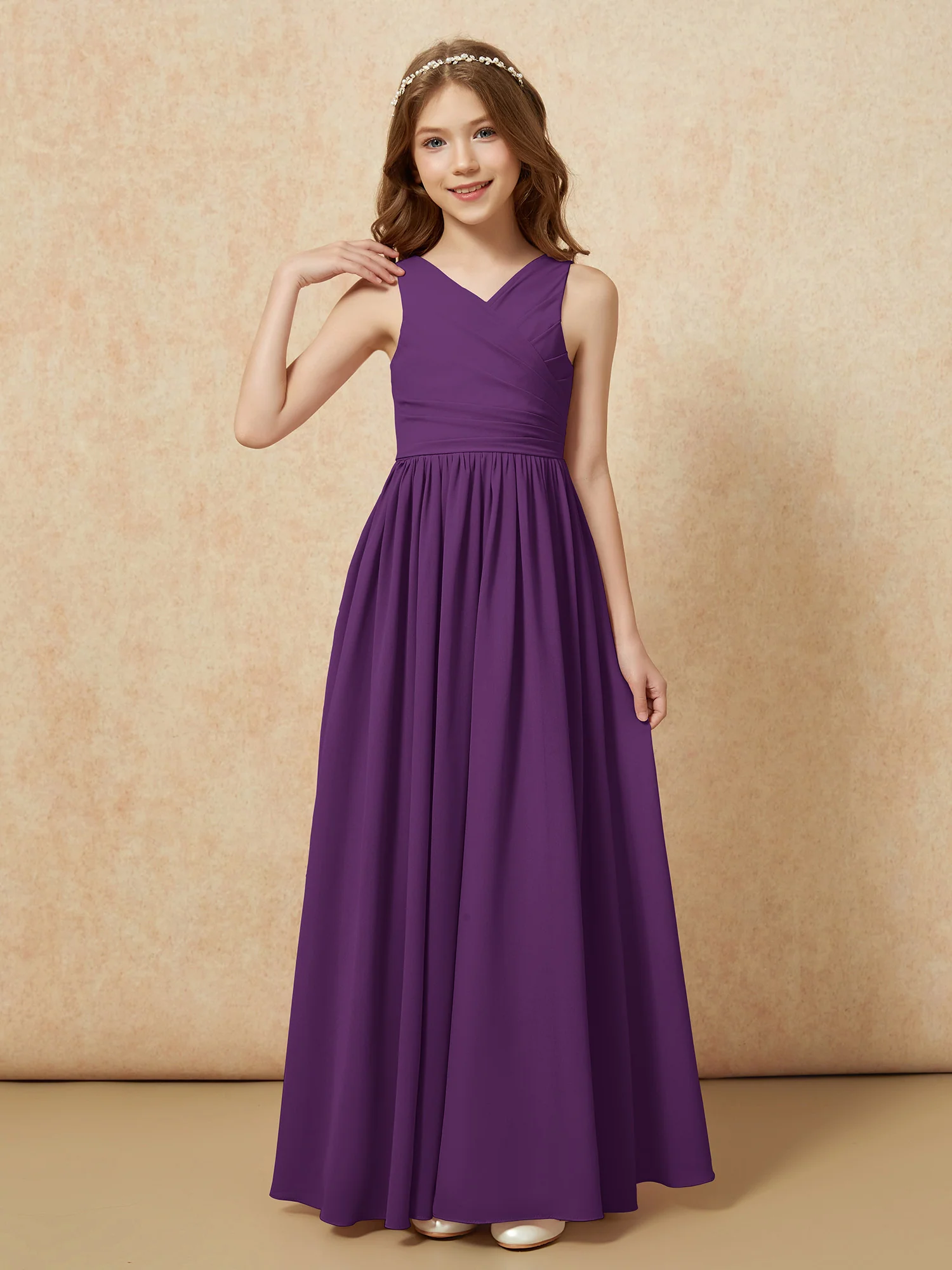 Pleated V-neck Chiffon Long Junior Bridesmaid Dresses Grape