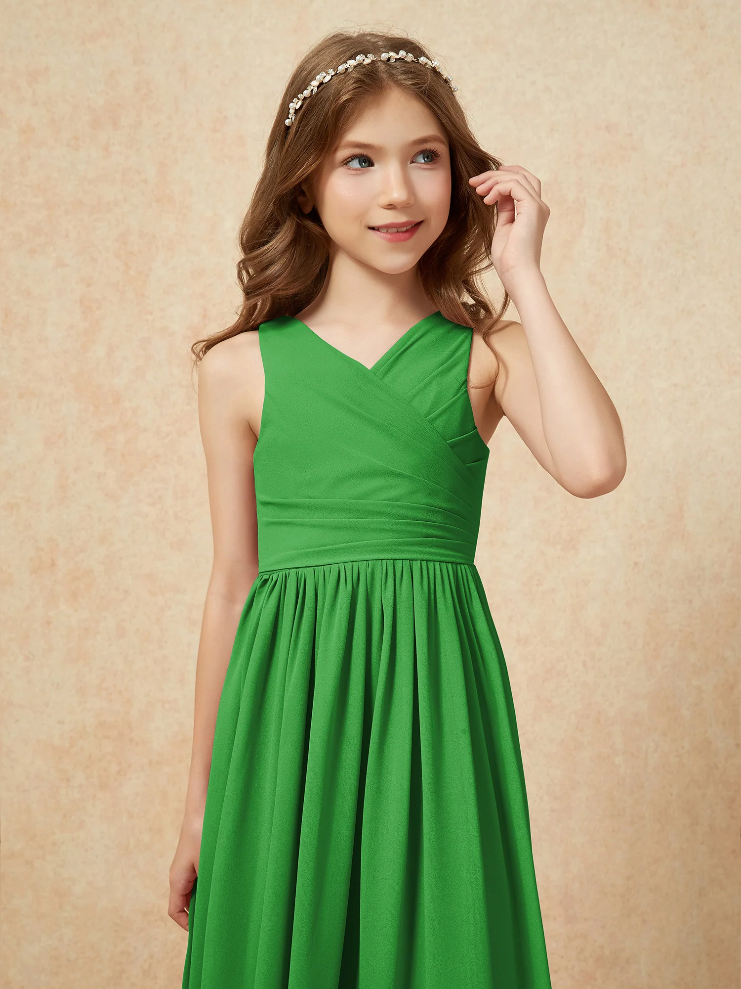 Pleated V-neck Chiffon Long Junior Bridesmaid Dresses Green - Image 6