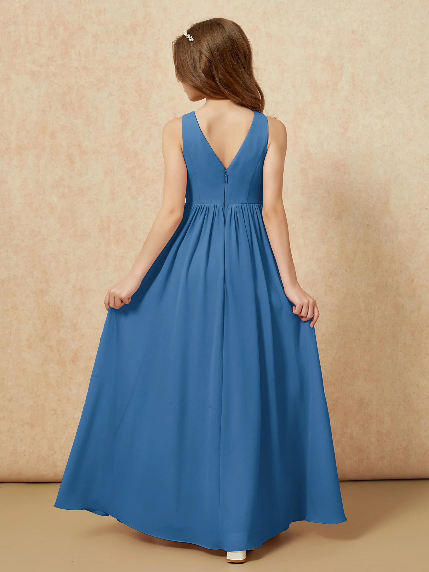 Pleated V-neck Chiffon Long Junior Bridesmaid Dresses Ink Blue - Image 2