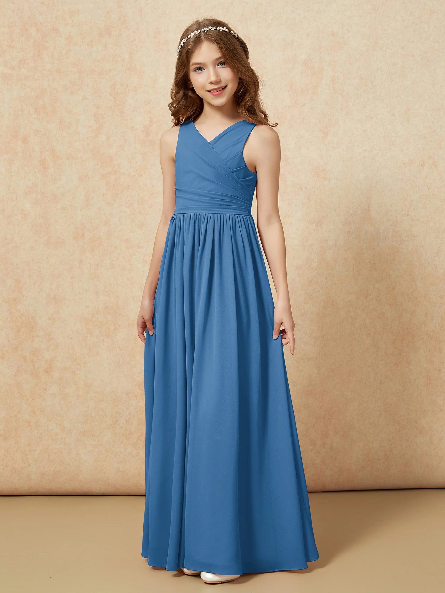 Pleated V-neck Chiffon Long Junior Bridesmaid Dresses Ink Blue - Image 3