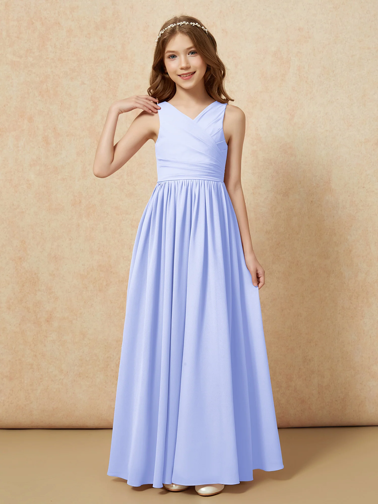 Pleated V-neck Chiffon Long Junior Bridesmaid Dresses Lavender