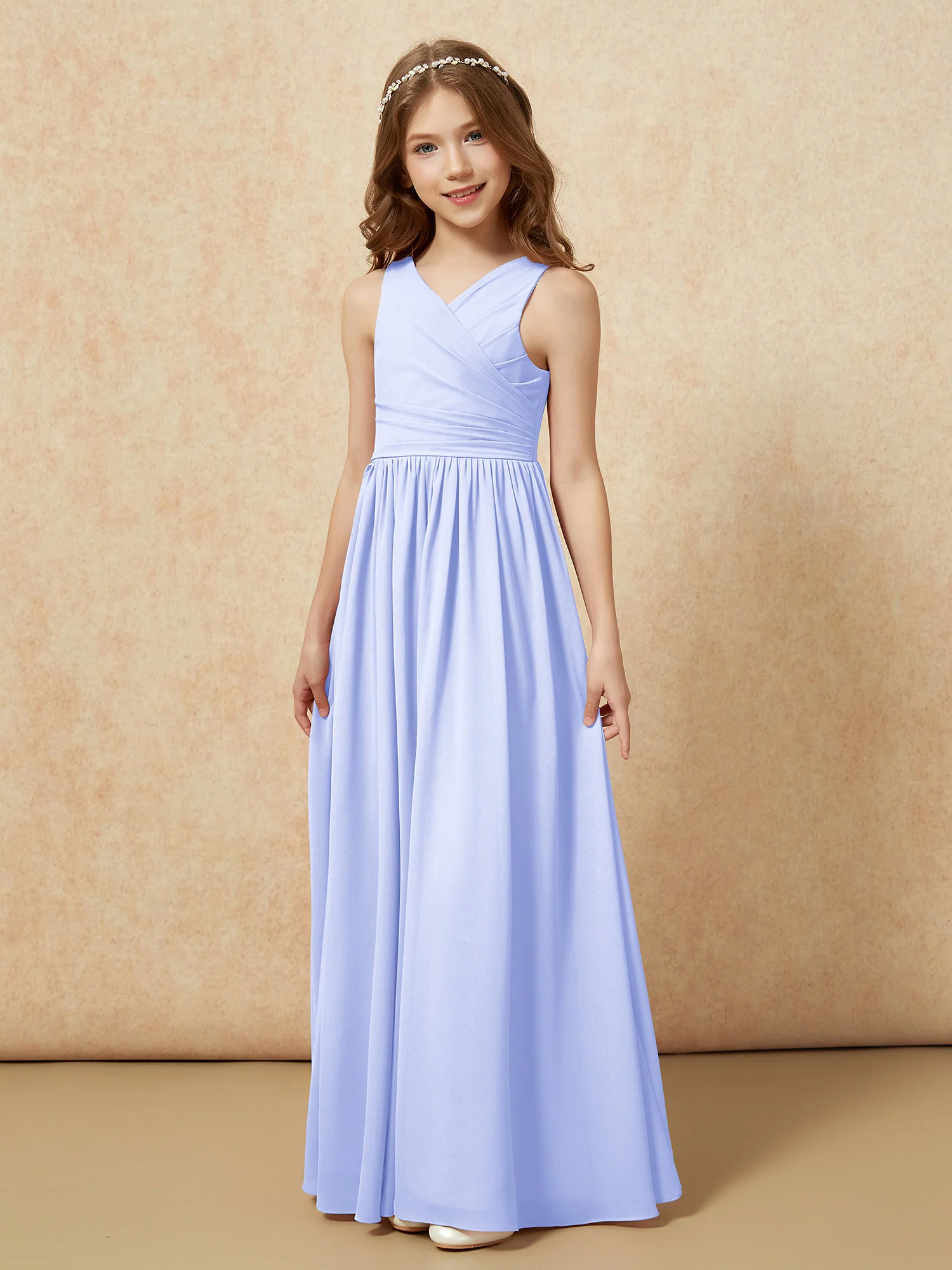 Pleated V-neck Chiffon Long Junior Bridesmaid Dresses Lavender - Image 3