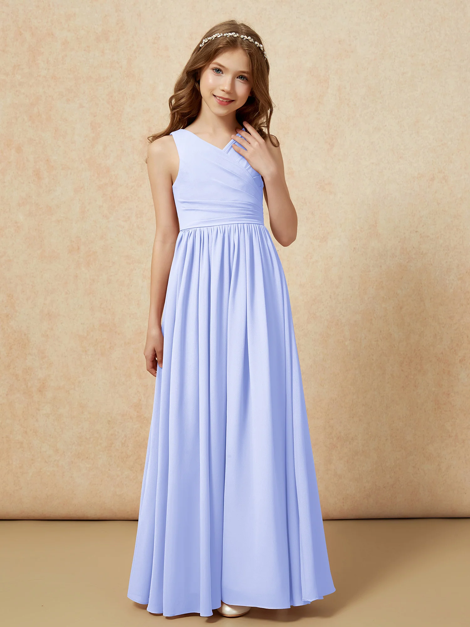 Pleated V-neck Chiffon Long Junior Bridesmaid Dresses Lavender - Image 5