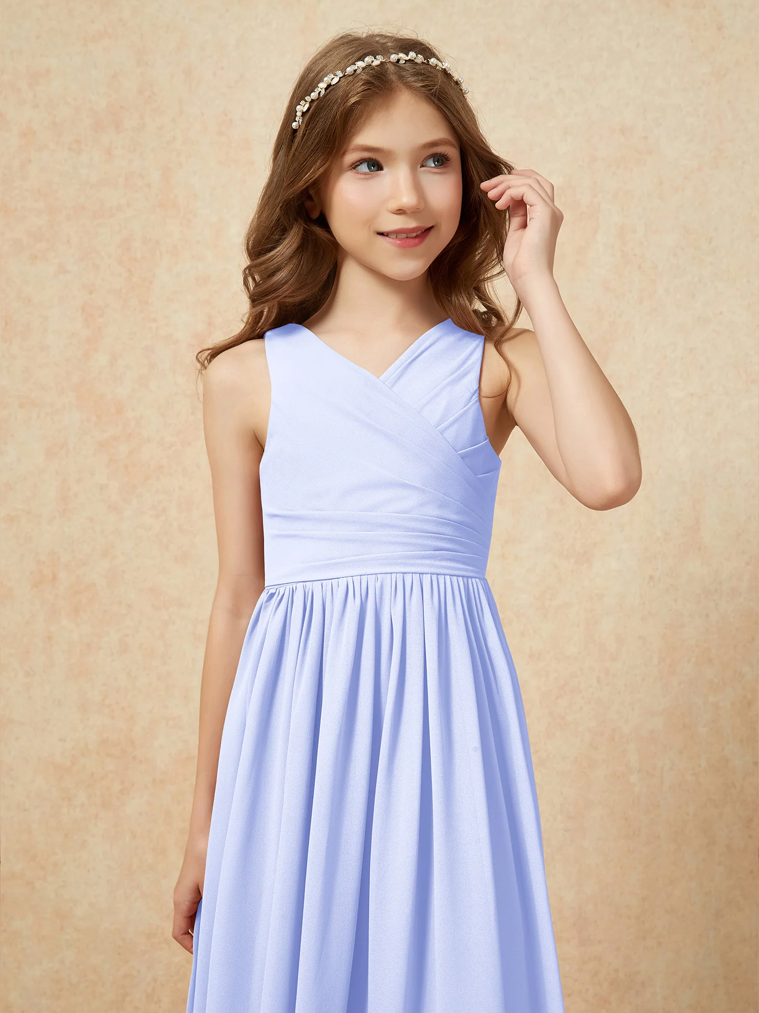 Pleated V-neck Chiffon Long Junior Bridesmaid Dresses Lavender - Image 6